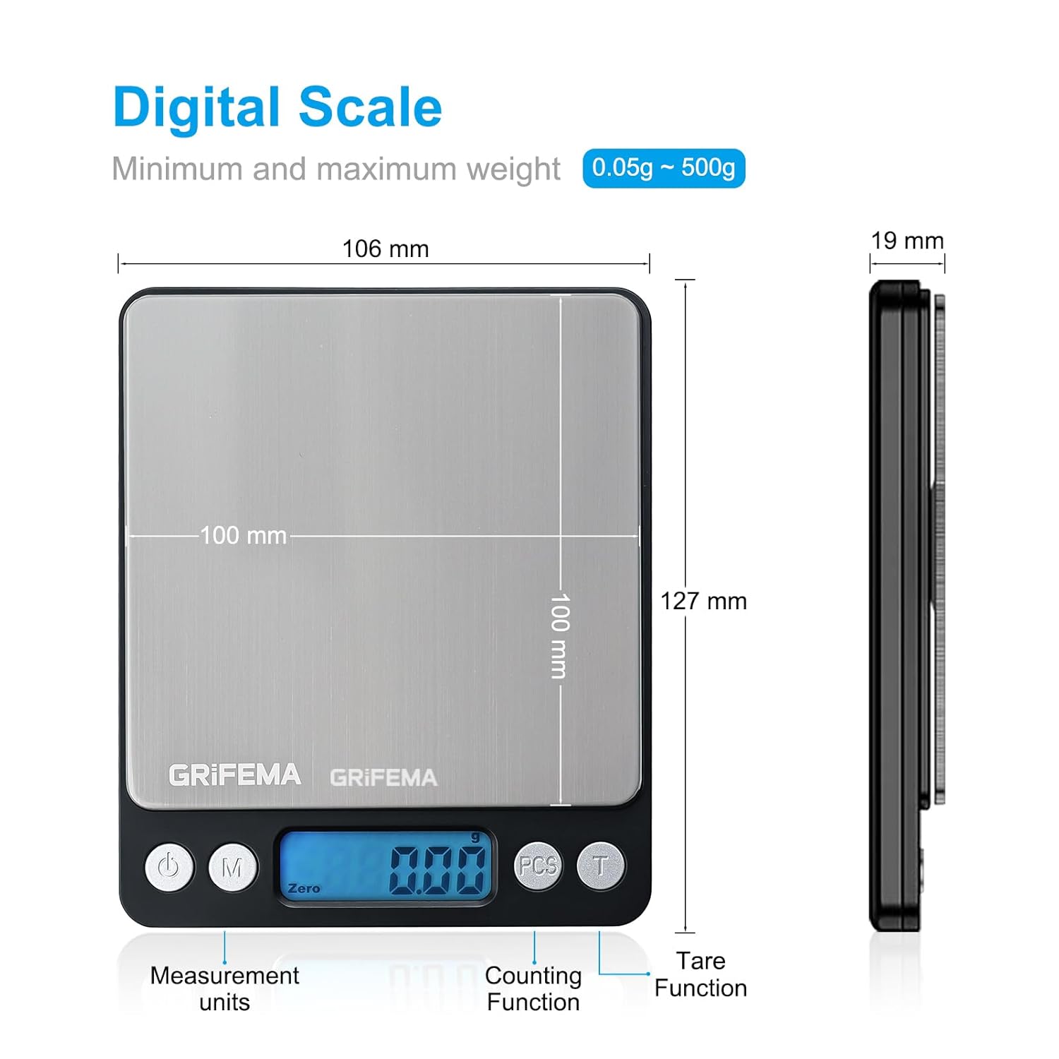 GRIFEMA Professionelle digitale Küchenwaage (hohe Präzision 0,05 g – 500 g) – Präzisionswaage mit LCD-Display und 2 Batterien, Briefwaage, automatische Speicherung und Tara, Küchenwaage klein mit 6 Maßeinheiten – Bild 2