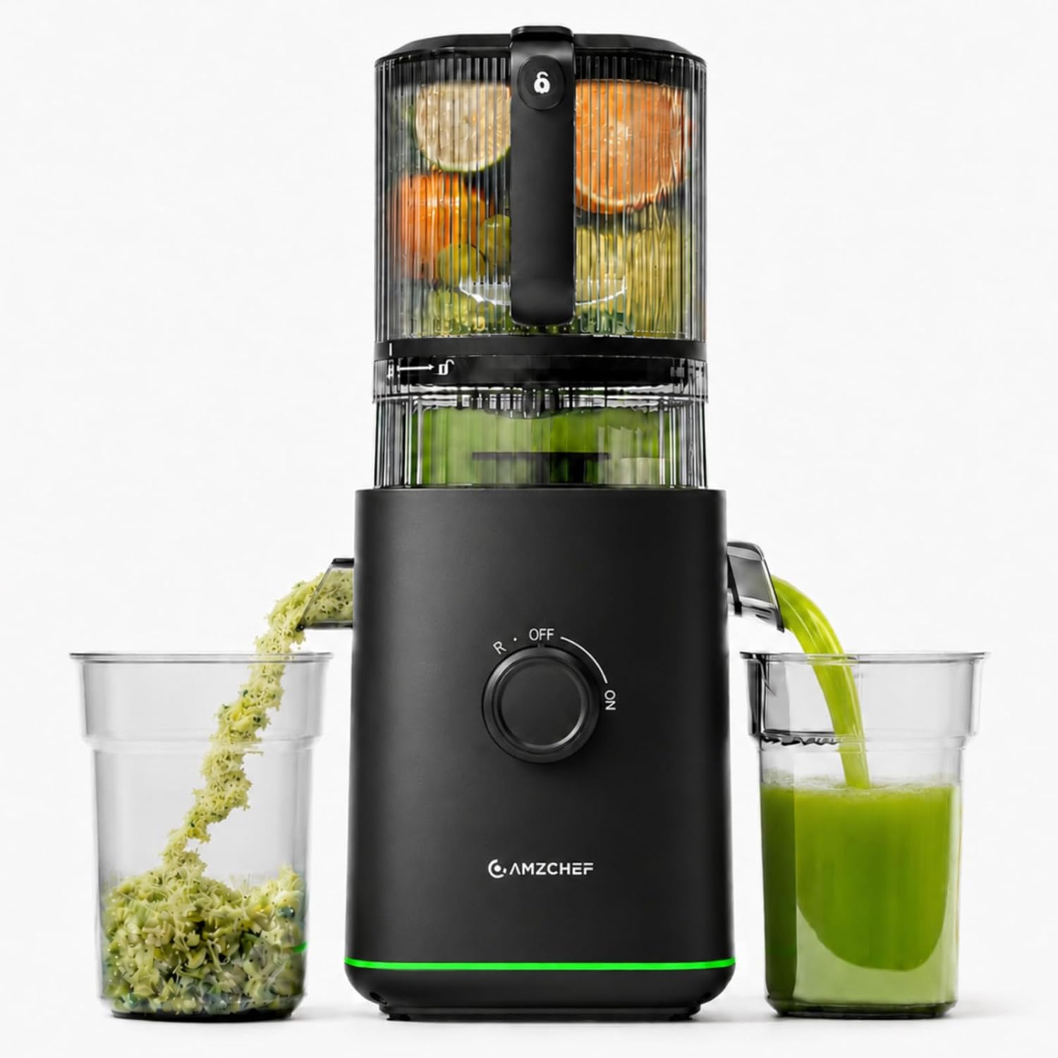 AMZCHEF Slow Juicer Kaltpress-Entsafter für Obst & Gemüse, 160 mm XXL-Einfüllöffnung für ganze Früchte, 2,5 l Behälter, 2 Filter für Saft und Sorbet, leise und leicht zu reinigen, schwarz