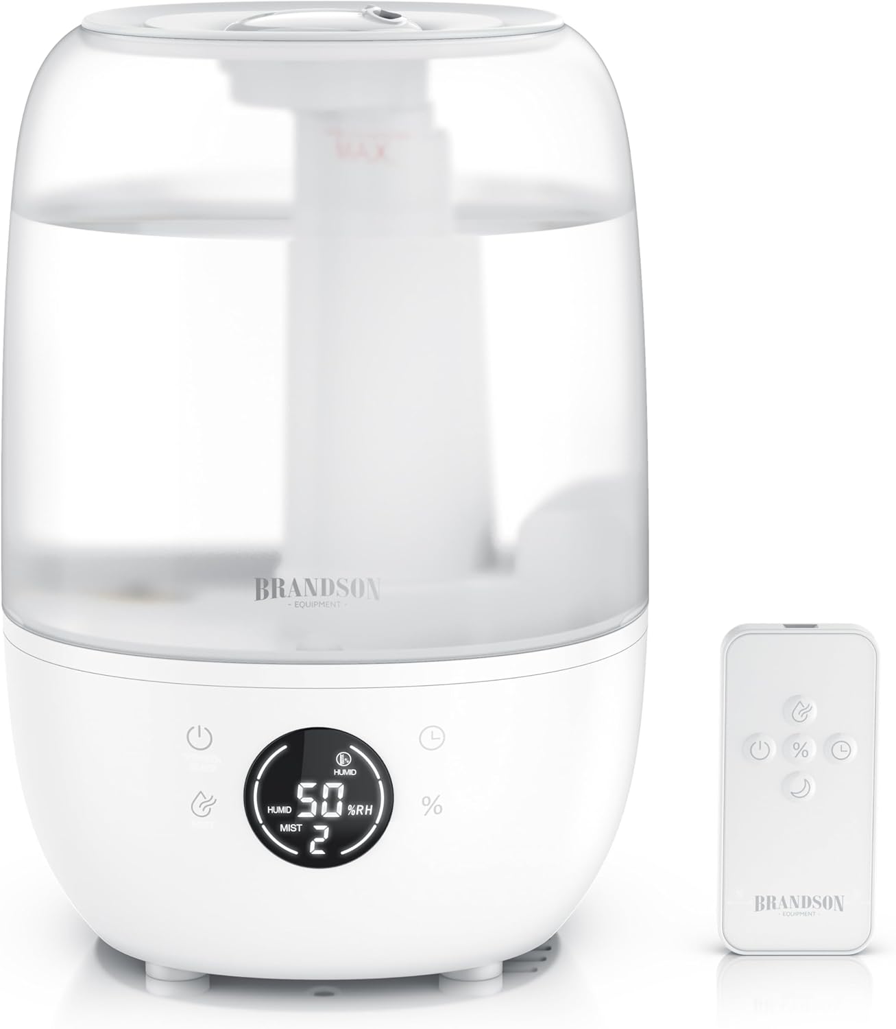 Brandson – Digitaler Luftbefeuchter mit Display – 2000 ml Volumen – Fernbedienung – 3 Nebelstufen – Timer – sehr leise – Schlafzimmer, Baby, Kinderzimmer, Büro – weißes, transparentes Design