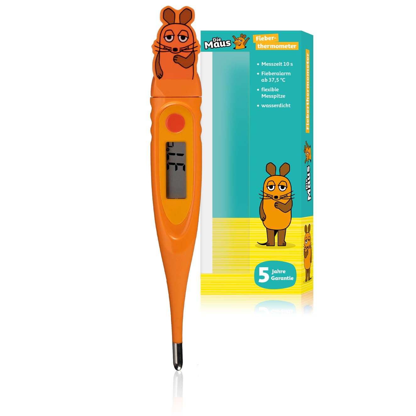 DieMaus Digitales Fieberthermometer für Kinder, 2D-Design, flexible Spitze, 10 Sekunden Messzeit, Fieberalarm, Speicher, wasserdicht, CE-geprüft