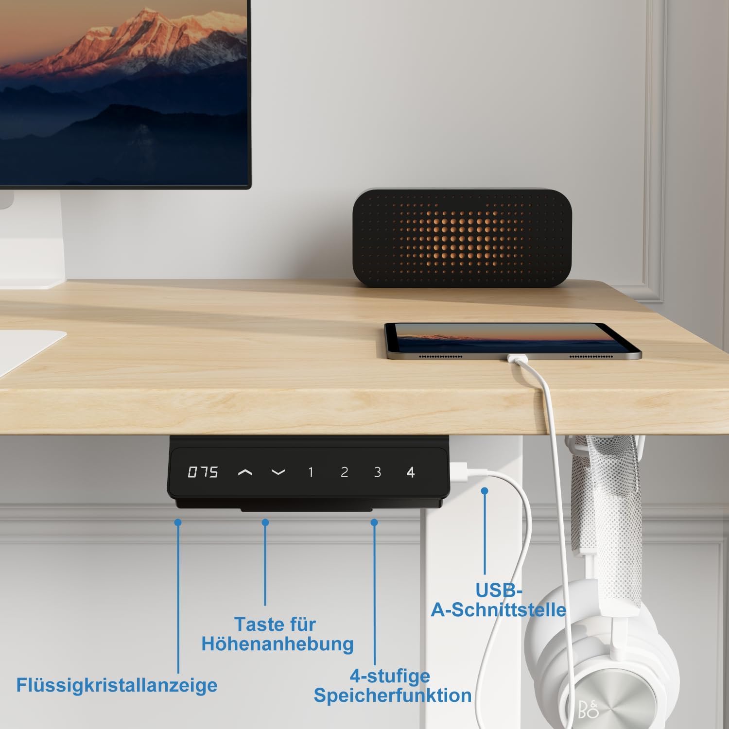 Devoko Höhenverstellbarer Schreibtisch mit 2 Motoren, 25 mm einteilige Tischplatte, 160 x 80 cm, mobiler elektrischer Computertisch mit Kabelmanagement, Eiche, perfekte Ergonomie für Ihr Büro – Bild 5