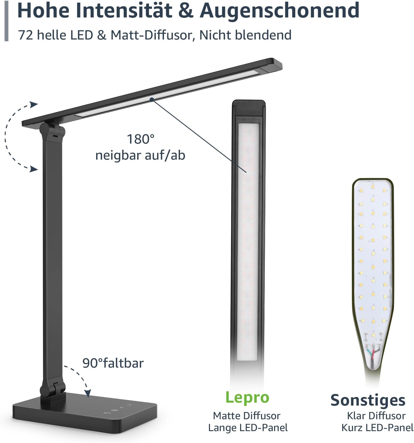 Lepro Schreibtischlampe, LED-Tischlampe, dimmbar, Nachttischlampe, 750 lm, 3 Farben und 5 Helligkeitsstufen, Tageslichtlampe, Tischlampe, Schreibtischlampe für Kinder, Büro, Kunststoff, Schwarz – Bild 6