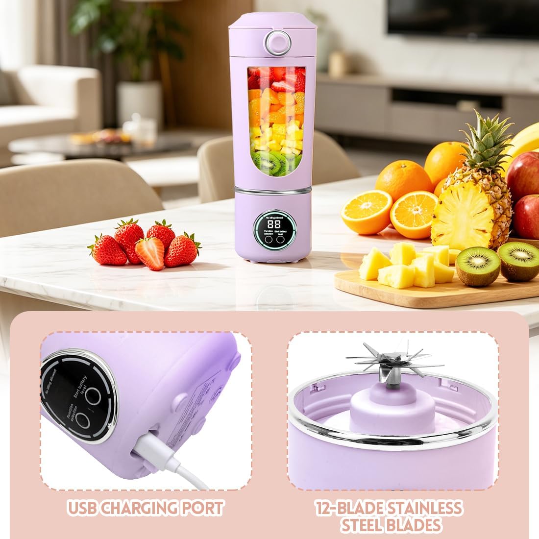 Tragbarer Mixer, Mini-Standmixer, kleiner Entsafter, Smoothie-Maker mit Silikon-Strohhalm, USB-Ladegerät Smoothie Maker, 400ml KleinerMixer mit 12 Edelstahlklingen, für Zuhause/Küche (Lila) – Bild 3