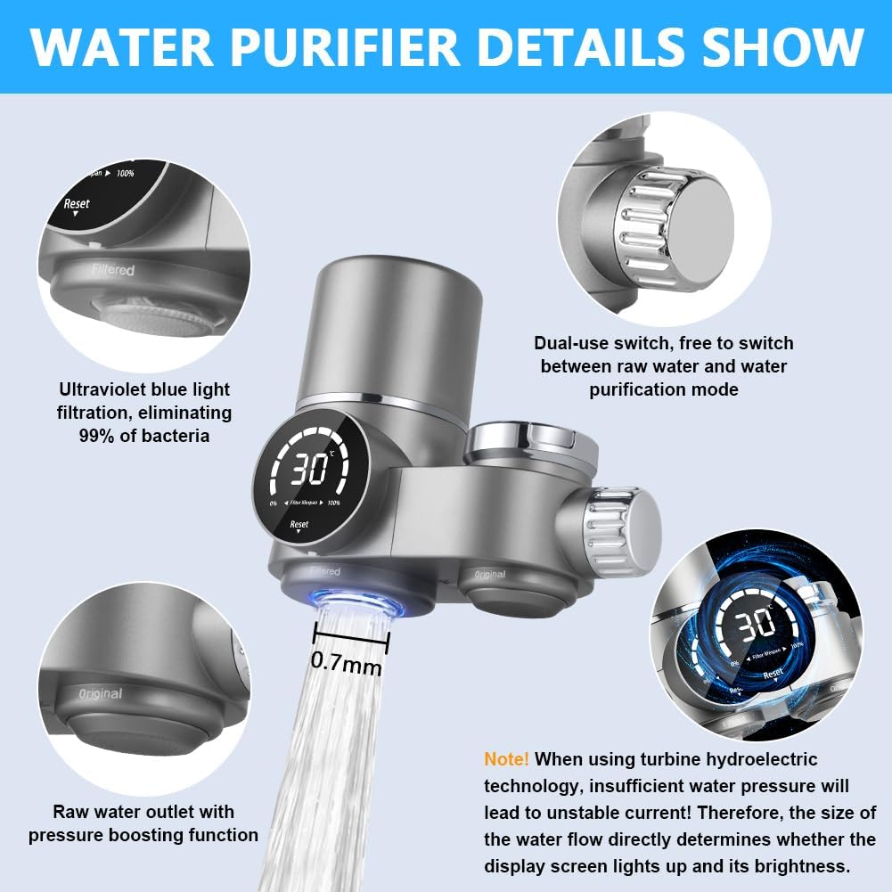 HOTUT Wasserfilter für Wasserhahn, Edelstahl-Leitungswasserfilter, Wasserfilter Trinkwasser mit Blaulicht, Trinkwasserfilter zur Entfernung von Chlor, Schwermetallen und schlechtem Geschmack – Bild 3