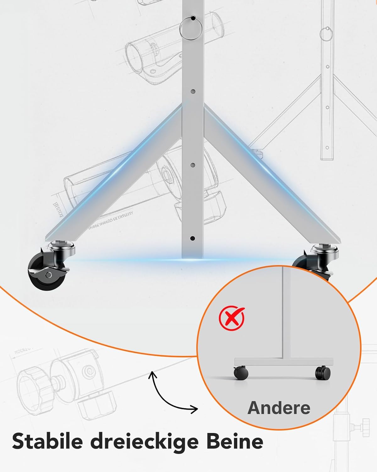 HUANUO Höhenverstellbarer Schreibtisch mit Rollen, 6 Höheneinstellungen bis 118 cm, mobiler Computertisch mit dreieckigen Beinen, sanfte Mobilität mit feststellbaren Rollen – Bild 7