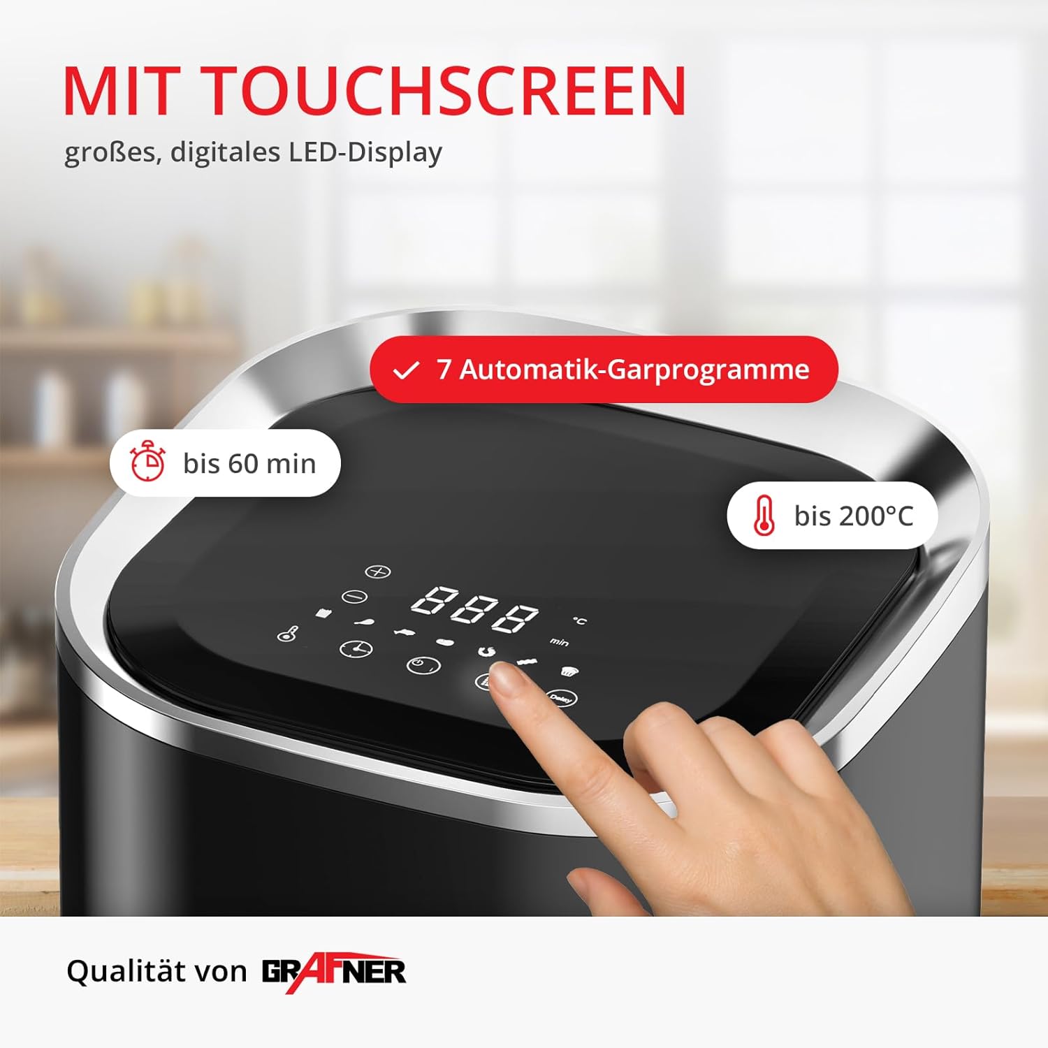 Digitale Heißluftfritteuse Grafner XL, 3,6 Liter, 1200 Watt, LED-Touchscreen, 7 Programme, 360°-Kochsystem, Timer, Antihaftbeschichtung, Fritteuse ohne Fett, Airfryer ölfreie Heißluftfritteuse – Bild 3