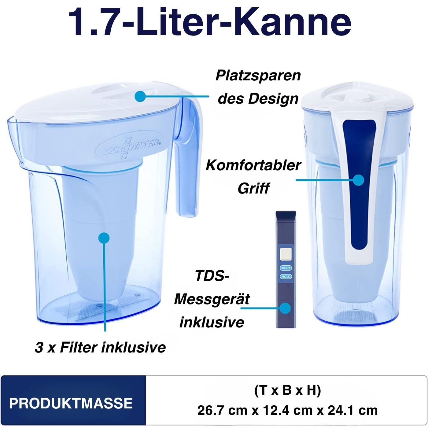 Culligan ZeroWater Wasserfilter-Kombinationsset, 1,7-l-Krug mit 3 Filterkartuschen und Wasserqualitätsmessgerät, BPA-frei, IAPMO-zertifiziert, ideal zur Reduzierung von Kalk, Blei und anderen Schwermetallen – Bild 3