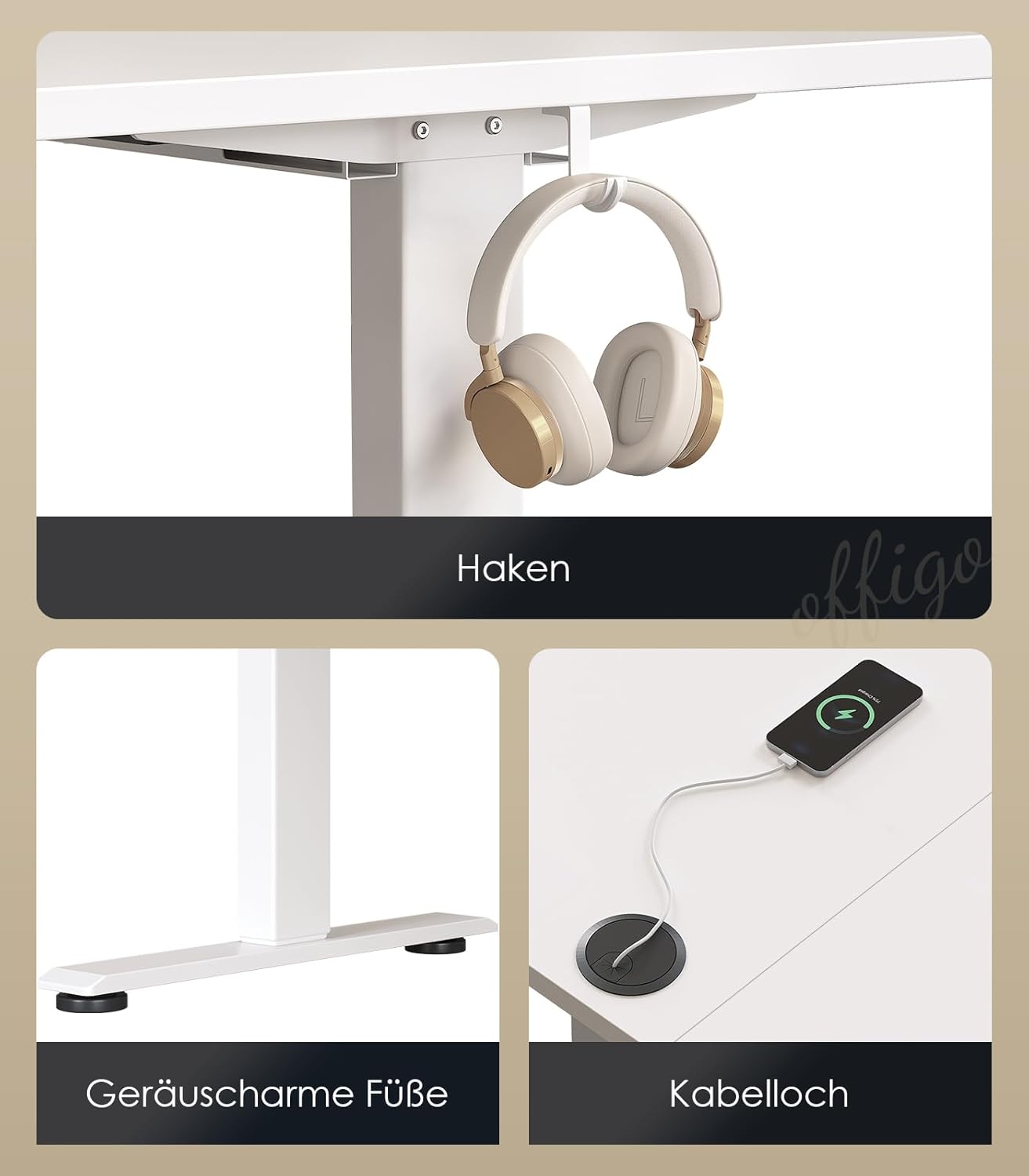 OffiGo höhenverstellbarer Schreibtisch, 160 x 80 cm, elektrischer Schreibtisch mit Steckdosen und USB-Ladeanschluss, Tisch höhenverstellbar mit 2 Memory-Funktionen, Computertisch für Büro, Zuhause, weiß – Bild 7