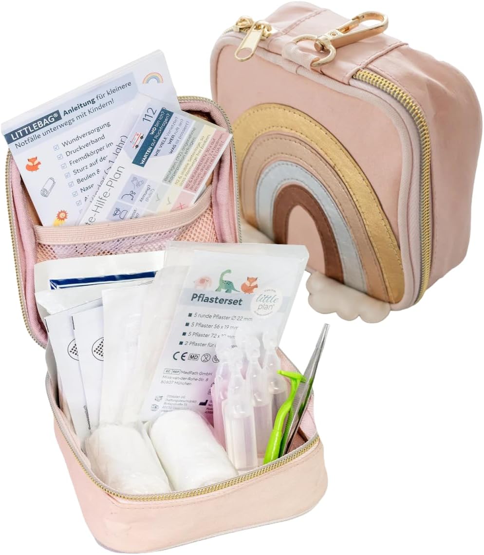 Littleplan Littlebag Rainbow Erste-Hilfe-Tasche für Babys und Kinder, 34-teilig mit 10-seitigem Notfallbuch