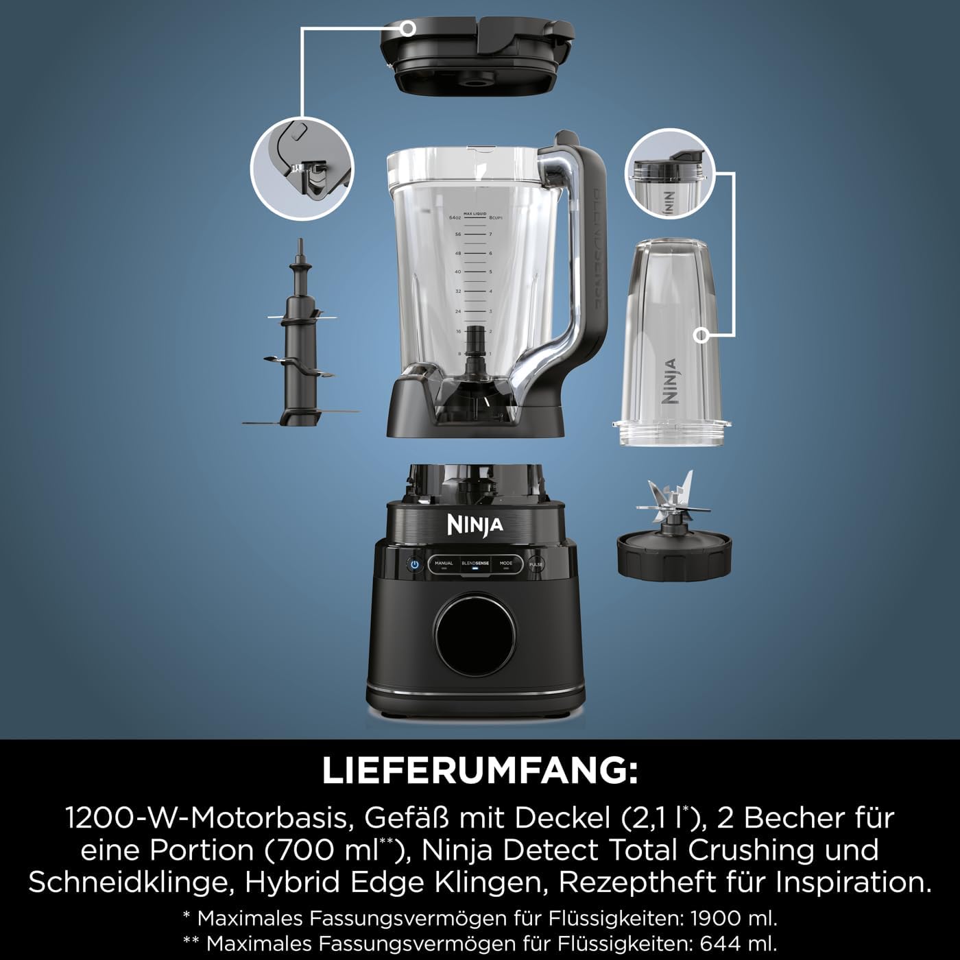 Ninja 2-in-1 Detect Power Mixer Pro, 1200 W mit Krug und Tassen, Smoothies-Mixen, Gemüsehacken und gefrorene Getränke, Schwarz, TB301EU – Bild 12
