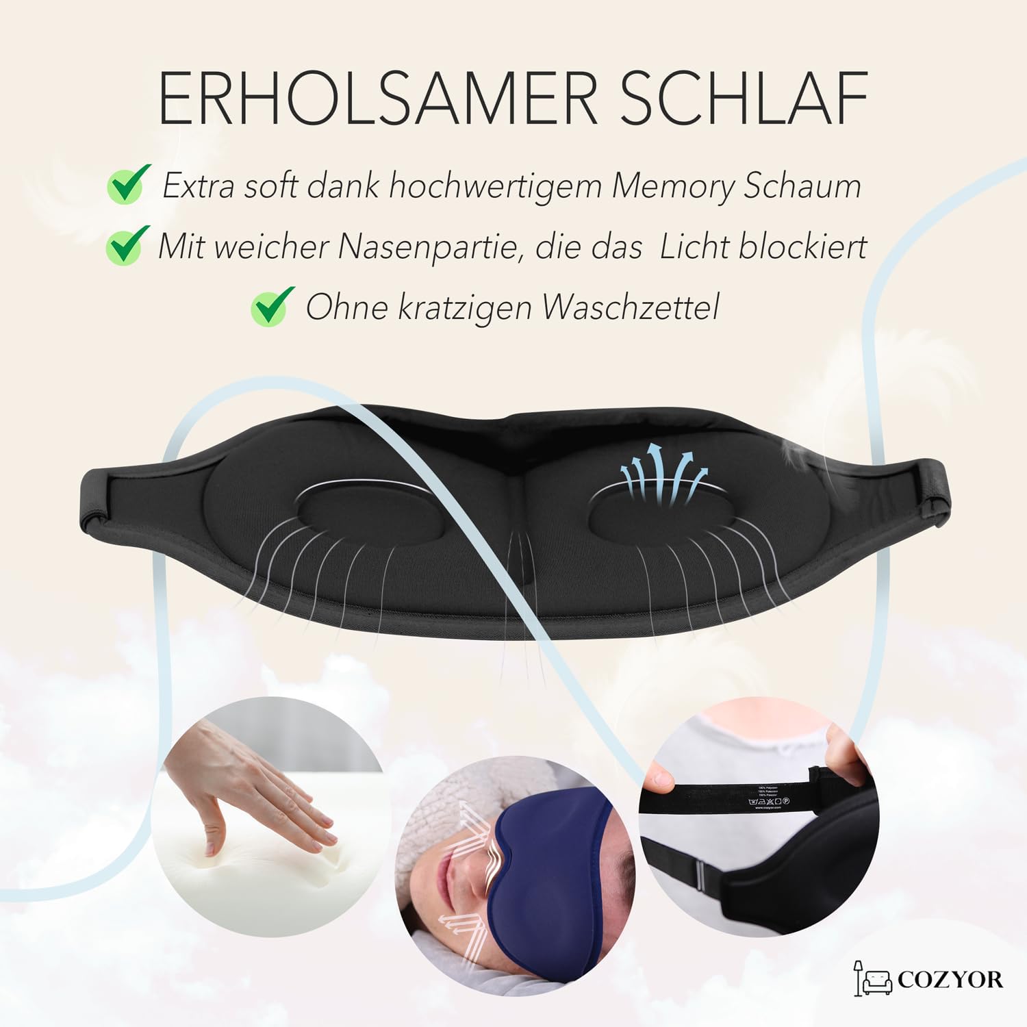 Schlafmaske mit 3D-Polsterung, 100 % dunkel, für Seitenschläfer, mit Silikon-Ohrstöpsel, Augenmaske weich für Flugzeug, Black Eclipse, Schlafmaske mit verstellbarem Gummiband für Erwachsene und Kinder – Bild 6