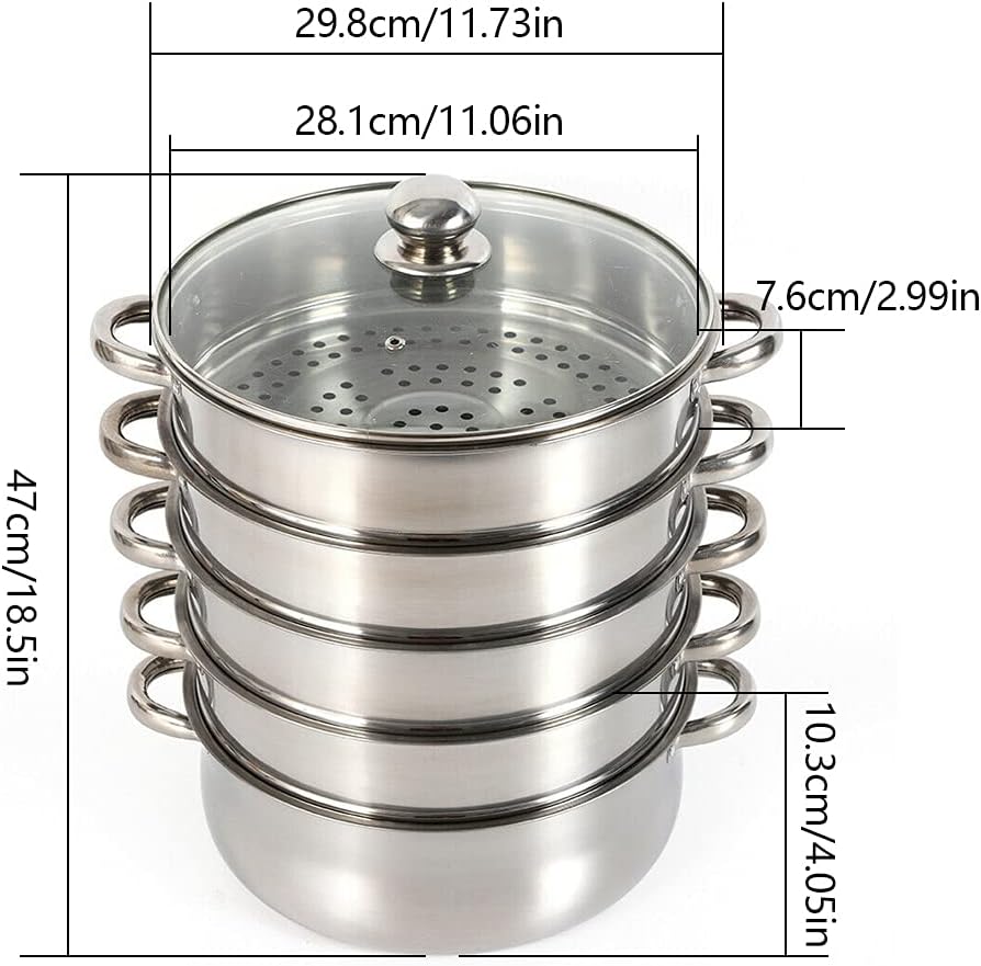 5-stufiger Dampfgarer aus Edelstahl 30 cm | Bio-Dampfgarer mit Glasdeckel | Silberner Dampfgarer für verschiedene Herdarten | Gemüse-/Kartoffeldämpfer | Dampfgarer aus Edelstahl | Spülmaschinenfest (30 cm) – Bild 6
