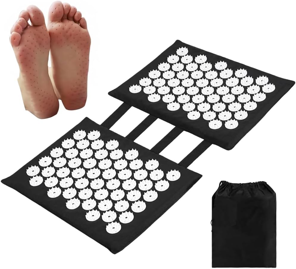 Akupressurmatte für Füße und Rücken, 2x33cm Akupunktur Matte Schwarz, Akkupressmatte fuß, Nagelmatte mit 110 Spitzen, Akupressur Fußmatte, Akupressur Massage Entspannung für Zuhause, Büro, Reisen