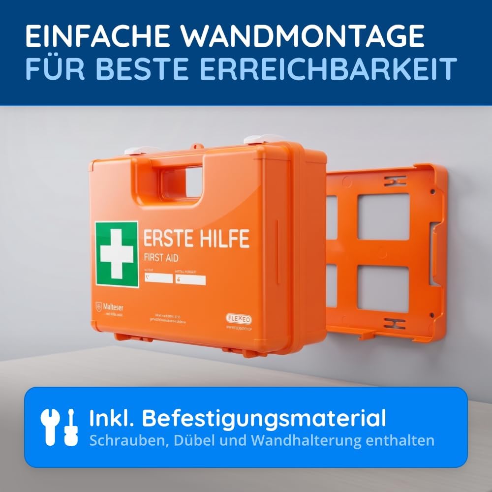 Erste-Hilfe-Koffer für Unternehmen, Inhalt nach DIN 13157, orange, gefüllter Erste-Hilfe-Kasten mit Wandhalterung – Bild 4