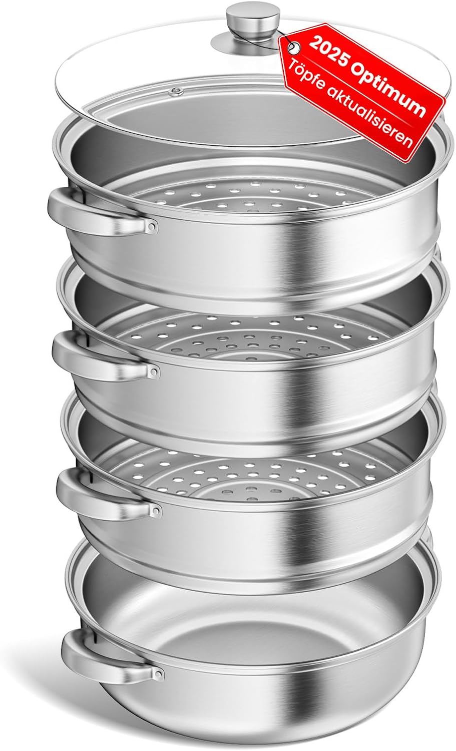 Dampfgarer zum Kochen – 28 cm Edelstahl-Dampfgarer mit Dampfeinsatz, 3/4/5-stöckiges Kochgeschirr mit Deckel zum Kochen von Gemüse, Meeresfrüchten, Suppen, Eintöpfen und Nudeln (vier)