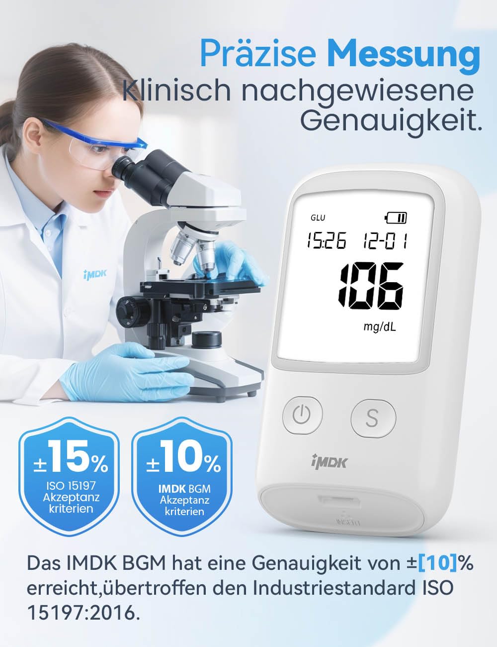 IMDK Blutzuckermessgerät-Set (mg/dl), CLINIC PRECISION Blutzuckermessgerät mit 100 Teststreifen, 100 Lanzetten und 1 Stechhilfe – Codierungsfrei & großes Display – Bild 3