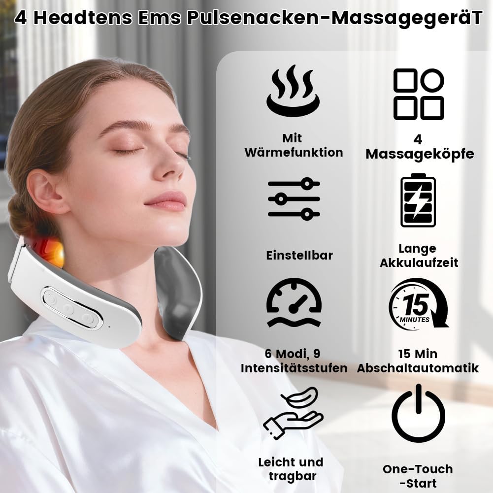 11-in-1-Nackenlösung, Nackenmassagegerät, elektrisches Nackenmassagegerät mit Wärme, 6 Modi, 9 Intensitätsstufen, kabelloses tragbares elektrisches Massagegerät für Nackenentspannung, Zuhause, Büro, Reisen – Bild 2