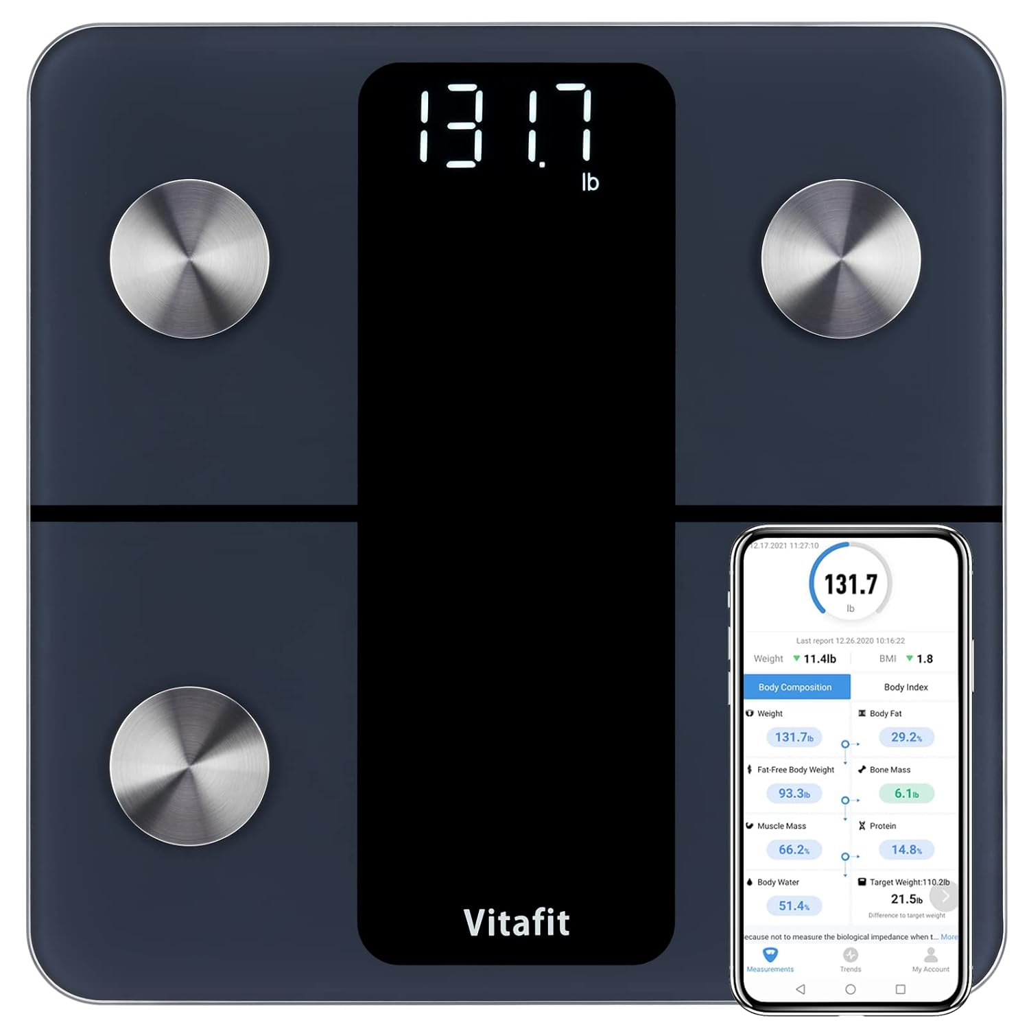 Vitafit Personenwaage, Körperfettwaage mit App, 182 kg, professionelle Fabrik seit 2001, Personenwaage mit Bluetooth, Körperwaage, Körperanalysewaage für Körperfett, BMI, Muskelmasse, schwarz