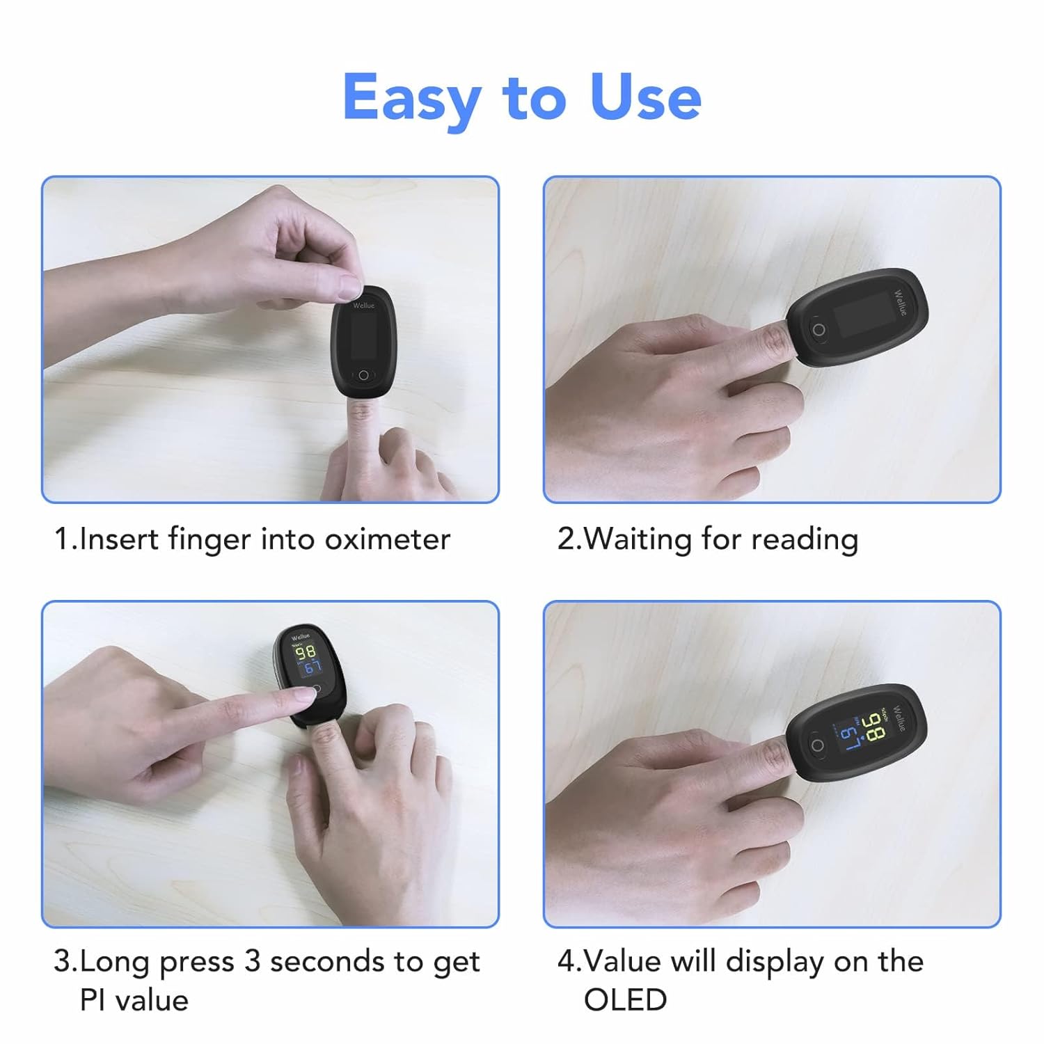 Wellue Pulsoximeter, Blutsauerstoffmonitor Finger, Fingerspitzen-Pulsoximeter für erwachsene Kinder, SP O2 PI Level und Herzfrequenzmonitor – Bild 4