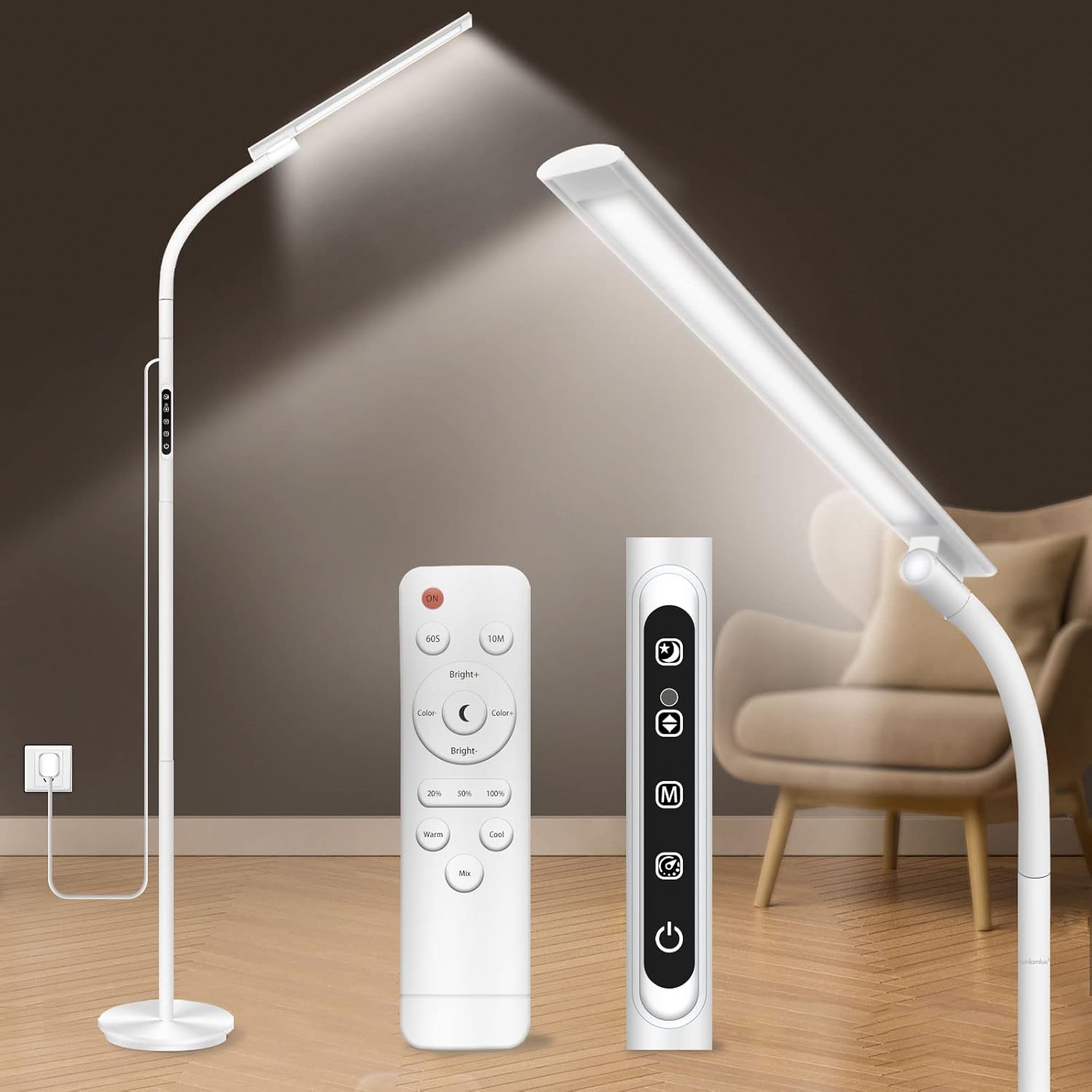 Tageslichtlampe, Tageslichtlampe 10.000, Luxus-Stehlampe, Tageslichtlampe mit Fernbedienung & Touch-Steuerung & verstellbarem Schwanenhals für Lesen, Büro, Zuhause (weiß)