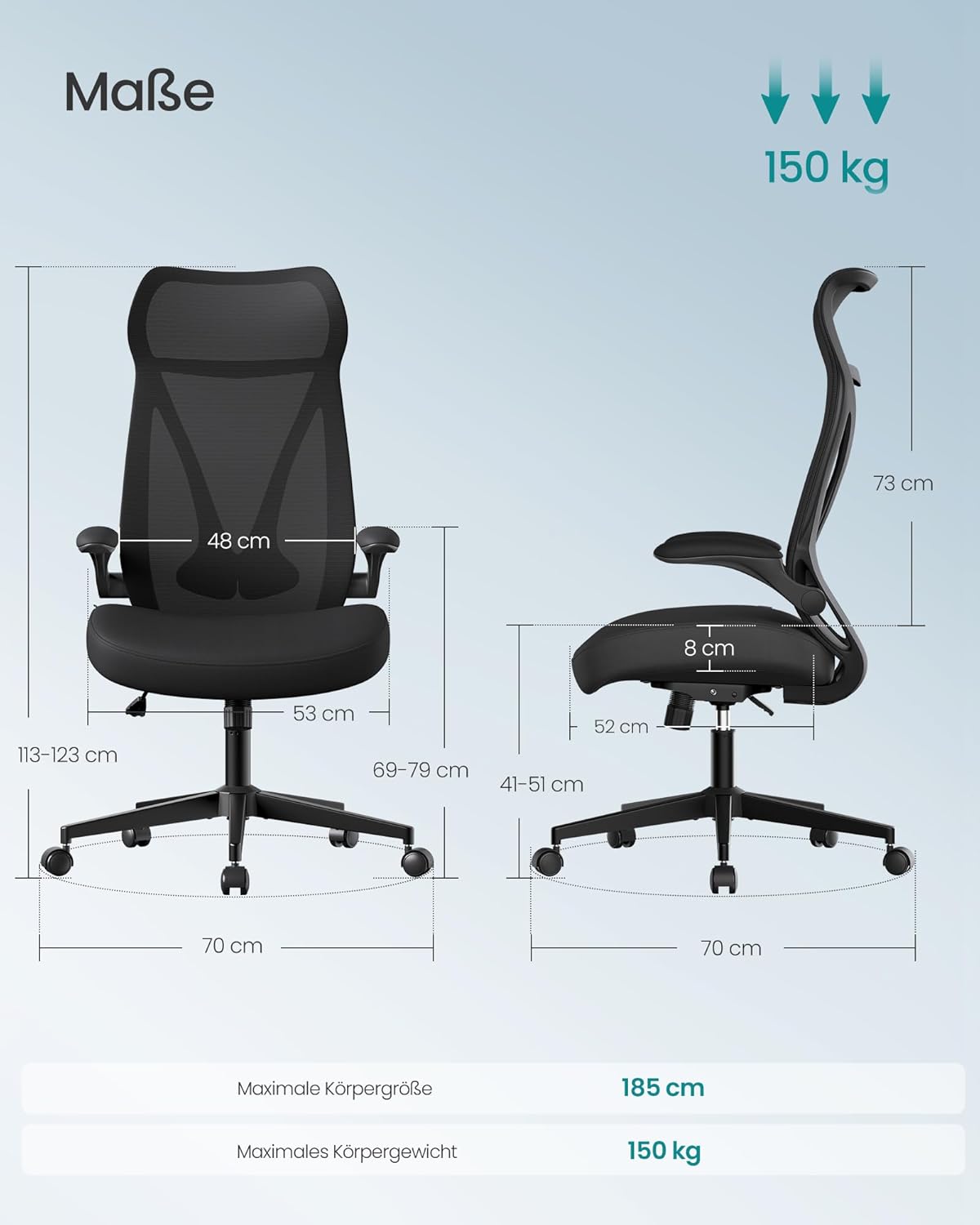 SONGMICS OBN088B01 Bürostuhl, ergonomische Rückenlehne, höhenverstellbar, hochklappbare Armlehnen, drehbarer Schreibtischstuhl mit Kopfstütze, belastbar bis 150 kg, Tintenschwarz – Bild 2