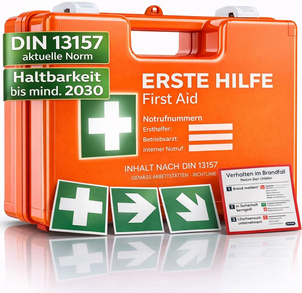 Erste-Hilfe-Koffer nach aktueller Sicherheitsnorm 2026 (DIN 13157:2021) | Inklusive Wandhalterung, 5 x Aufkleber & Siegel – Erste-Hilfe-Set-Betrieb – Erste-Hilfe-Kasten für Gastronomie, Büro, Zuhause