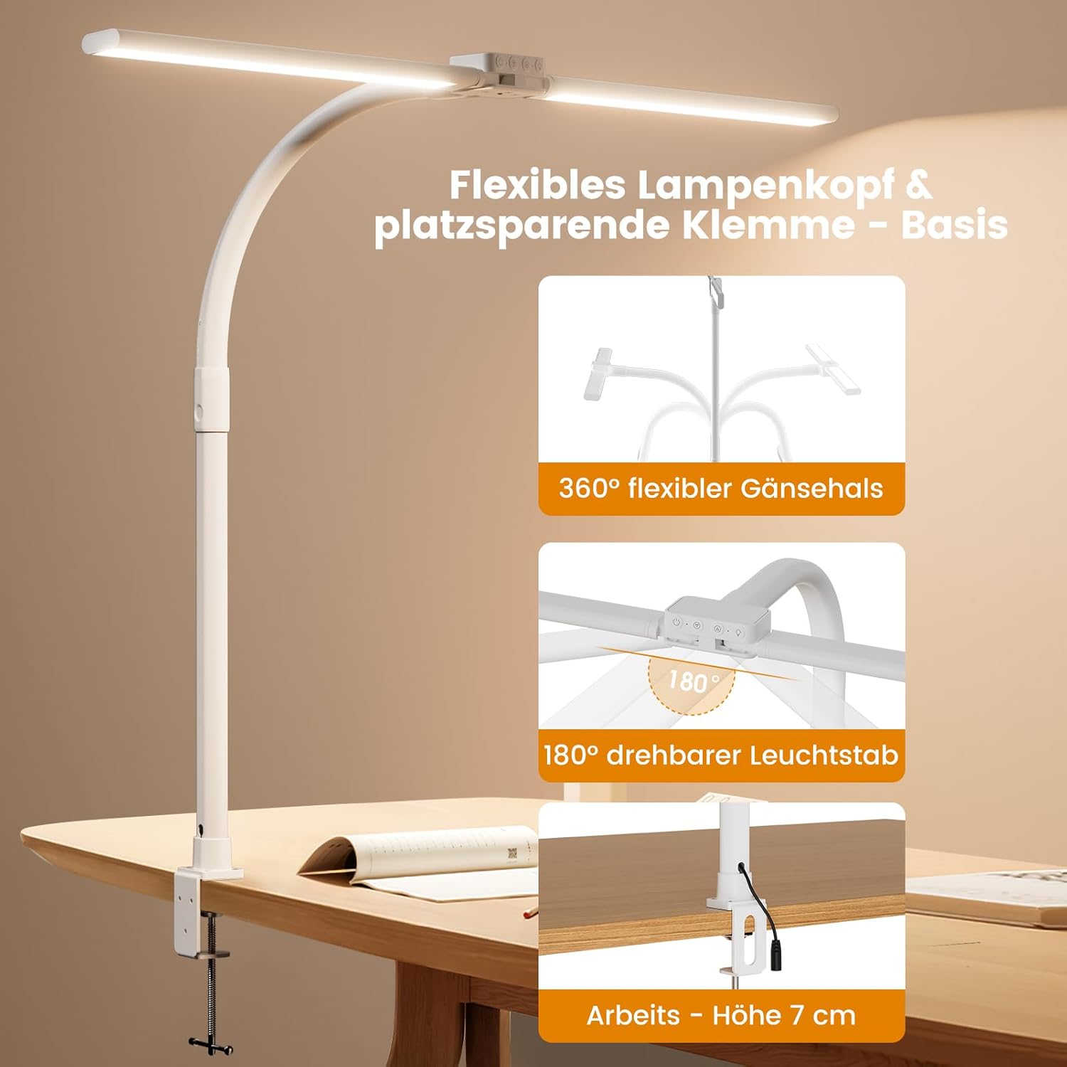 SIBRILLE Doppelkopf-Schreibtischlampe LED dimmbar, klemmbare Monitorlampe, Tageslichtlampe für Büro, Augenschutz-PC-Lampe, Tischlampe mit Schwanenhals weiß – Bild 4
