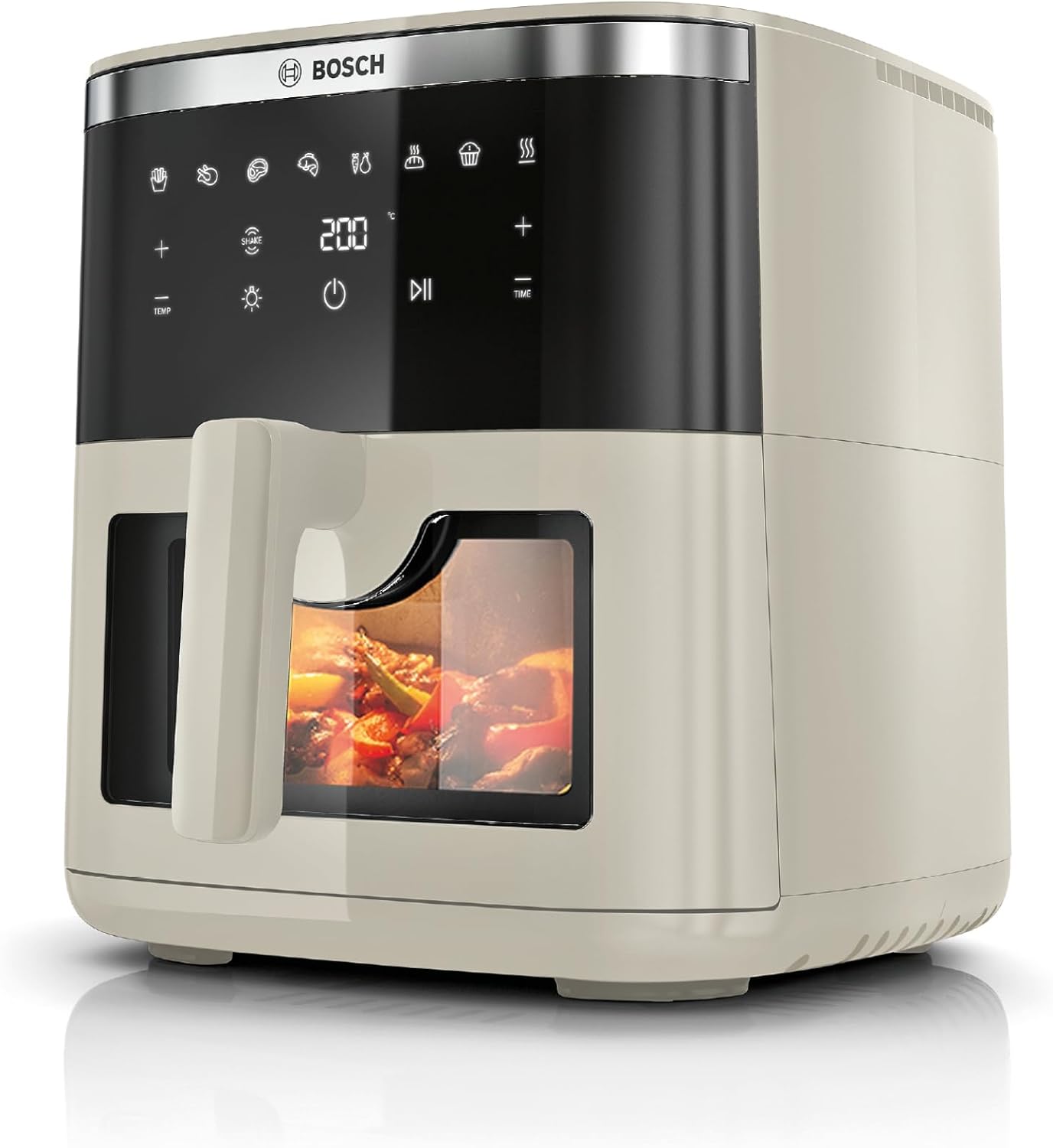 Bosch Heißluftfritteuse Serie 6, XXL-Luftfritteuse, Creme, 7,2 l Fassungsvermögen, beleuchtetes Sichtfenster, 7 voreingestellte Programme, bis zu 65 % schnelleres Garen, MAF671C0