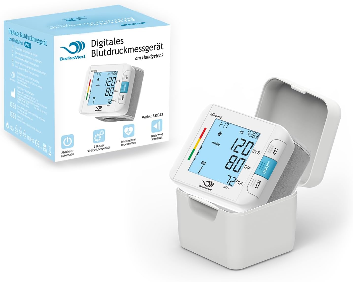 Blutdruckmessgerät Handgelenk, vollautomatischer Blutdruck, 2 x 99 Speicher, großes LED-Display mit Arrhythmie-Erkennung, genaue Messung, Manschettensitzkontrolle (weiß) – Bild 6