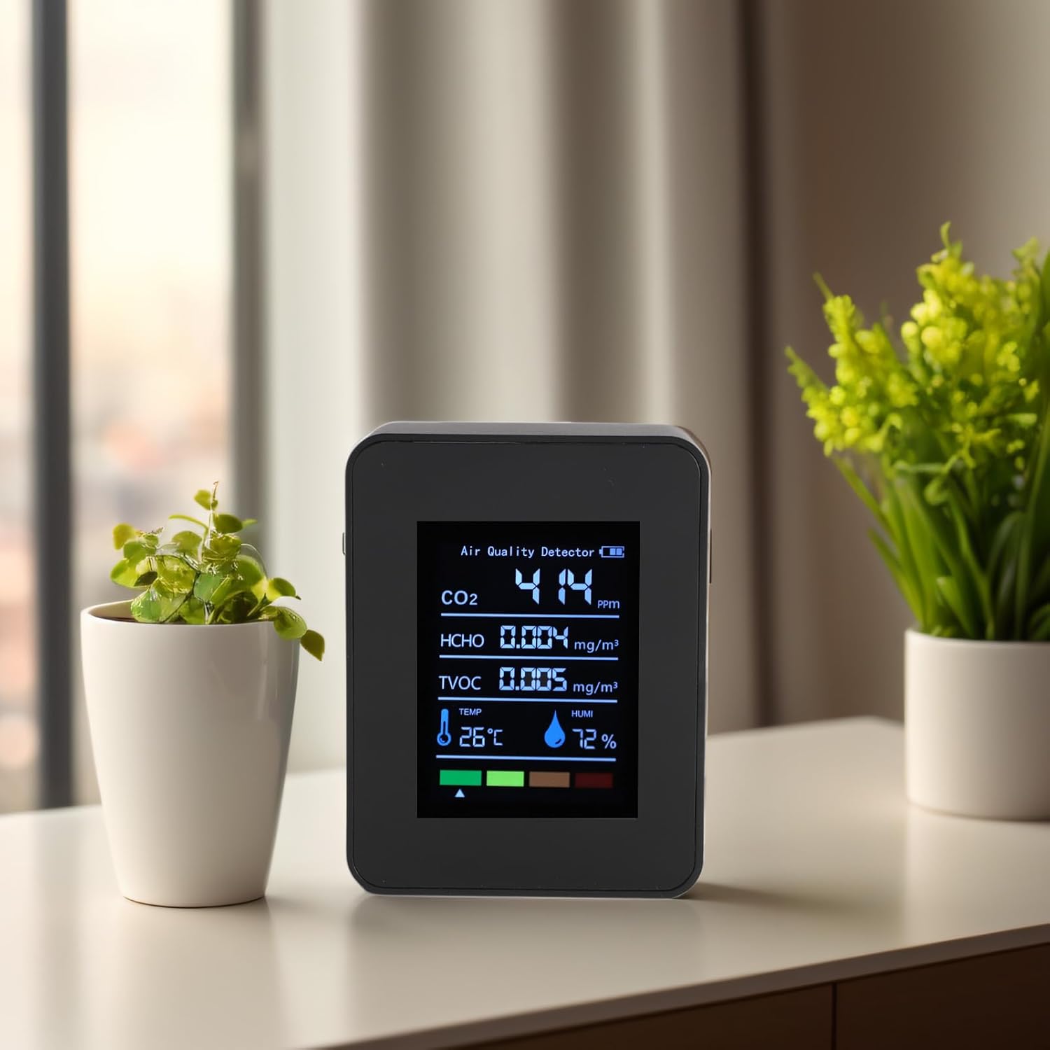 Luftqualitätsmonitor, 5-in-1-Messgerät für Raumluftqualität, CO2, TVOC, HCHO, Luftfeuchtigkeit, Temperatur, Echtzeitüberwachung, batteriebetrieben, für – Bild 3