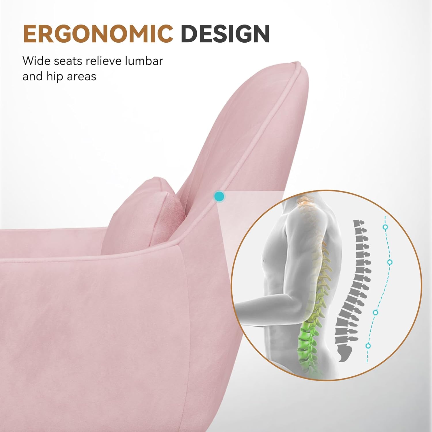 Home-Office-Stuhl, Samtstuhl mit Kissen, 360° drehbar, höhenverstellbarer Bürostuhl, ergonomisch, Schminkstuhl, Drehstuhl, für Arbeitszimmer, Schlafzimmer, maximale Belastung 120 kg, Rosa – Bild 5