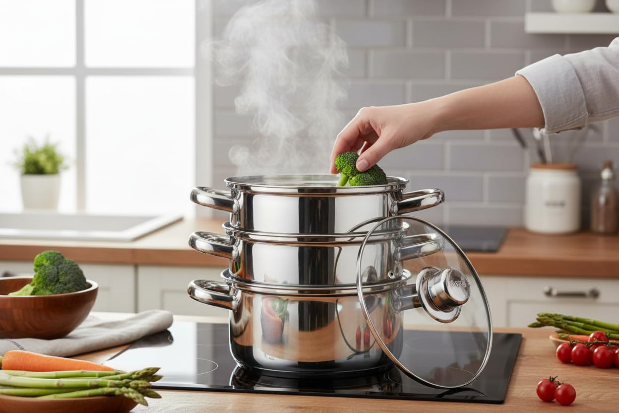 Dampfgarer-Set – Topfset 5-teilig – 24 cm – 3 x Dampfgareinsätze und Glasdeckel – für alle Herdarten – Dampftopf für gesundes Dampfgaren – Bild 2