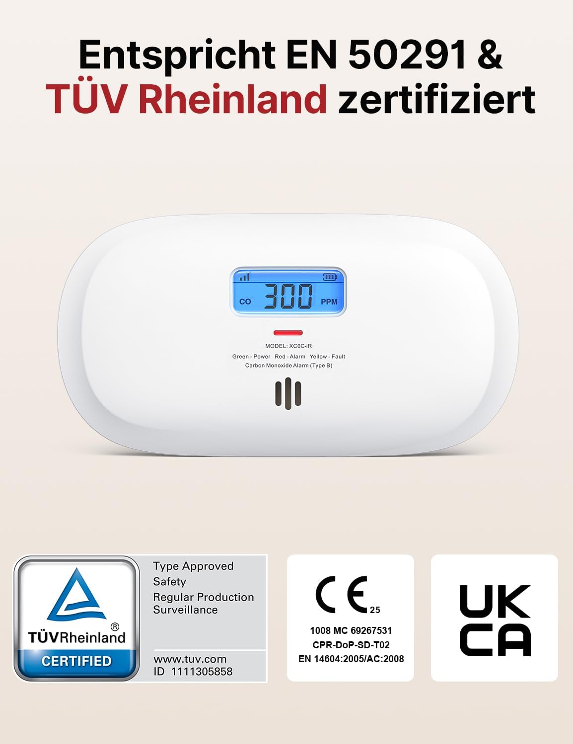 X-Sense Smarter Kohlenmonoxidmelder XC0C-iR, TÜV Rheinland zertifiziert, Stummschaltung per App, CO-Melder mit LCD-Digitalanzeige, Kohlenmonoxidmelder mit austauschbarer Batterie, 1 Stück – Bild 2