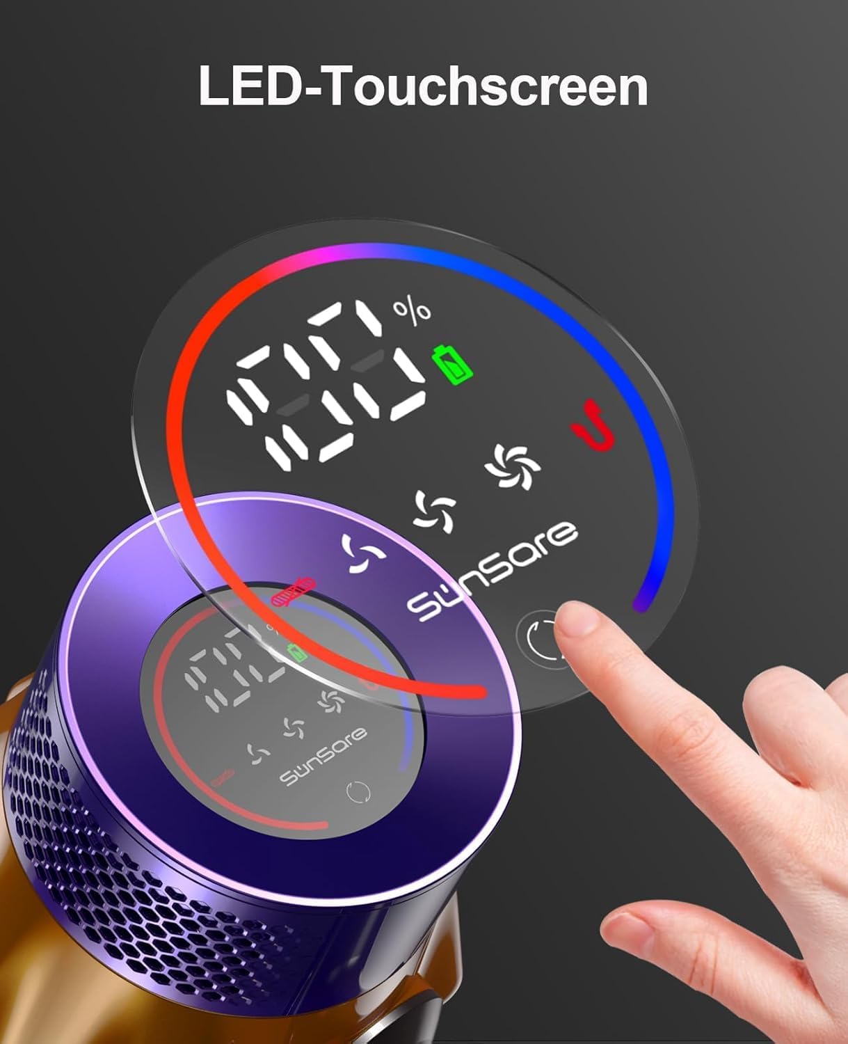 SunSare Akku-Staubsauger 600 W / 50000 Pa / 65 Min, kabelloser Staubsauger mit Smart Display und Ladestation, leichter Anti-Tangle-Akku-Staubsauger, superleiser Akku-Staubsauger für Hartböden, Teppiche, Tierhaare – Bild 4