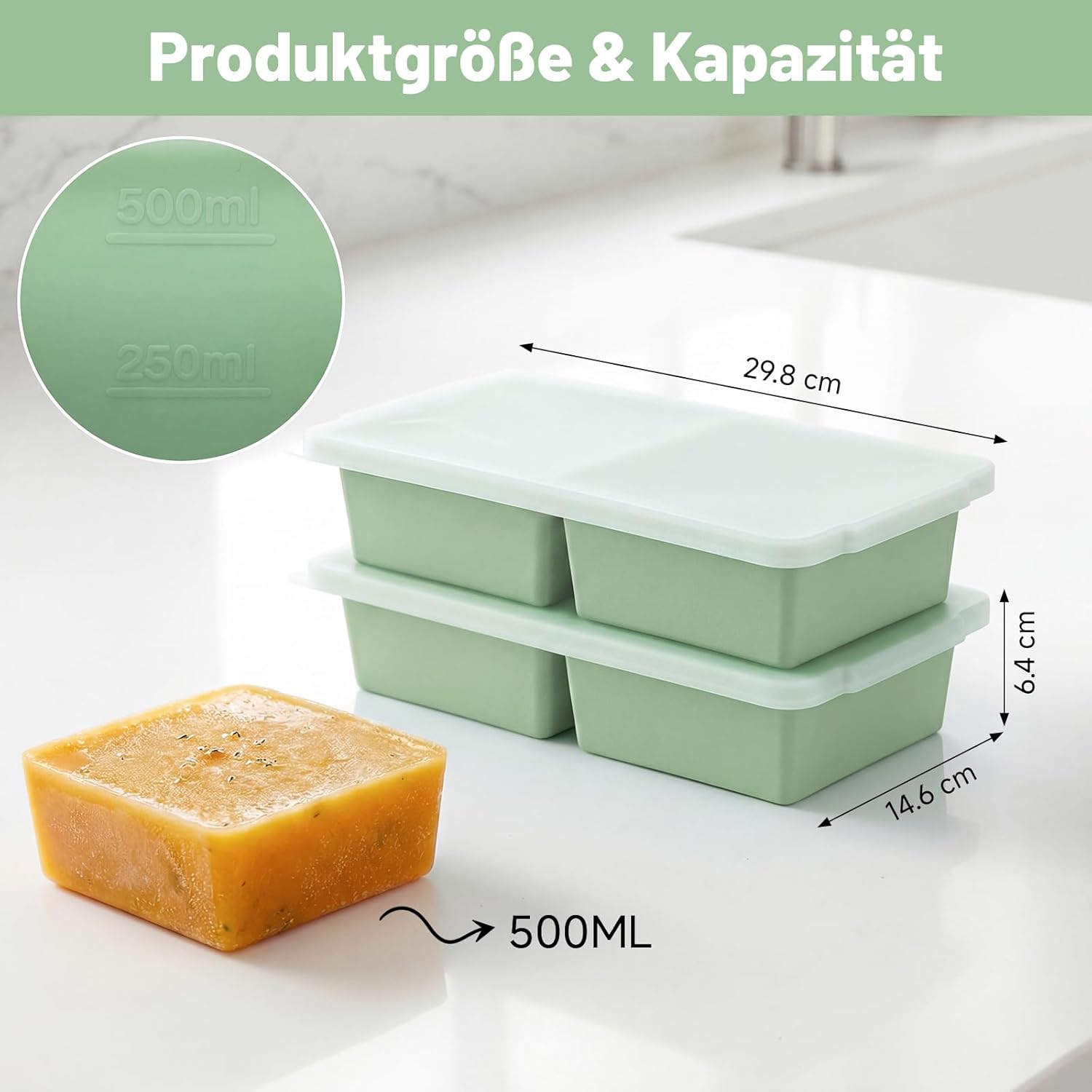 Souper Cube Silikon-Gefrierform mit Deckel, 2er-Set XXL-Eiswürfelform groß/Eiswürfelform (500 ml), Meal Prep & Suppen-Gefrierbehälter, BPA-frei, stapelbar (Mintgrün) – Bild 5