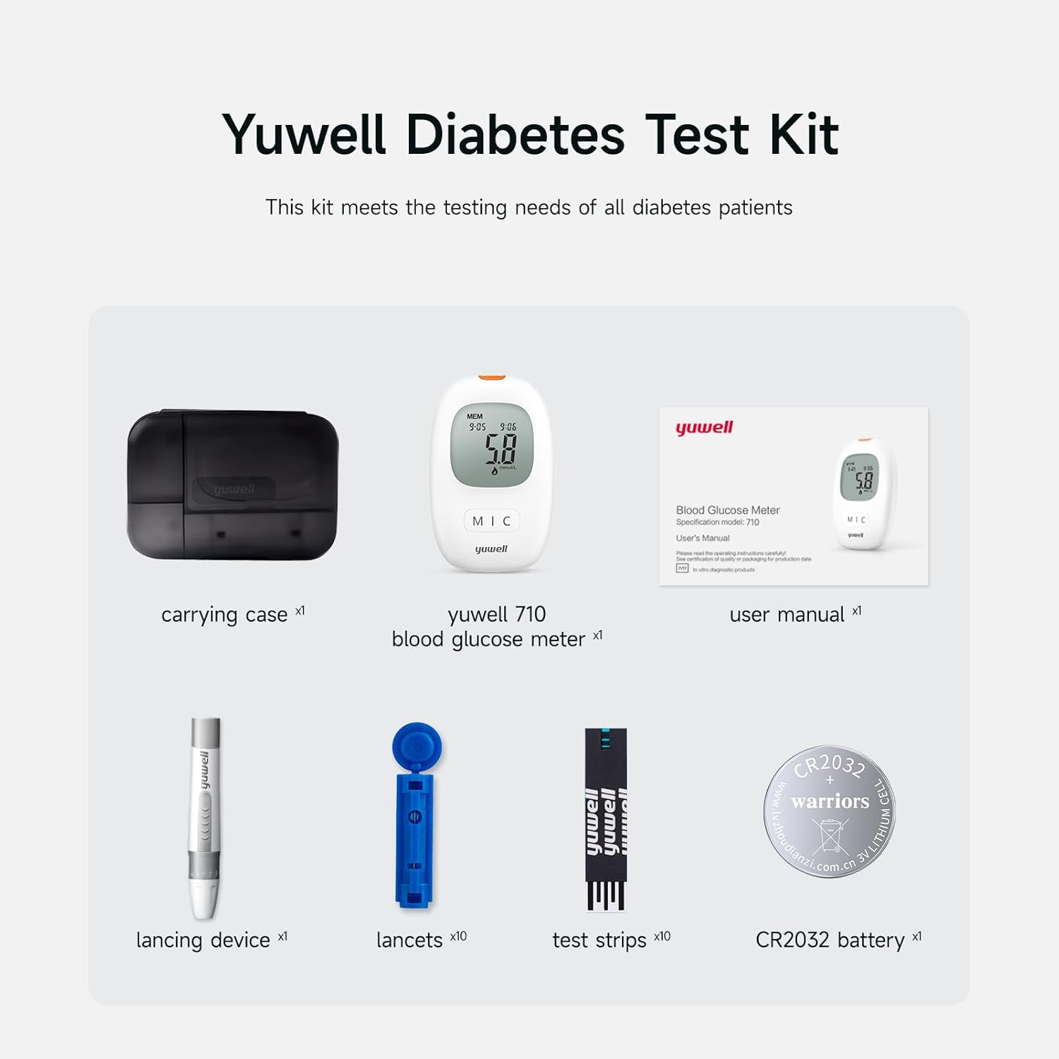yuwell Blutzuckermessgerät-Set mit Teststreifen x 10 und Lanzetten x 10, inklusive Batterien (Modell 710) – Bild 6