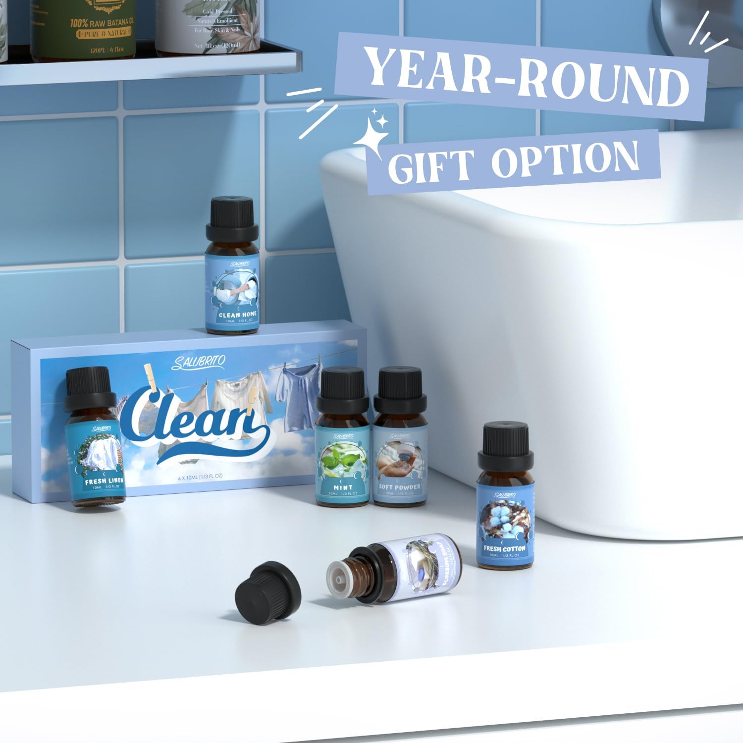SALUBRITO Clean Essential Oils Set, natürliches, reines Aromatherapie-Duftöl für Diffusor, Kerzenherstellung, saubere Baumwolle, frische Bettwäsche, sauberes Zuhause, Pulver, Blumenseife, Minze – Bild 7