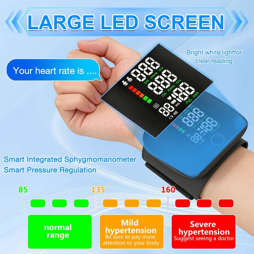 Automatisches Blutdruckmessgerät am Handgelenk, Blutdruckmessgerät am Handgelenk mit LCD-Bildschirm und englischer Sprachansage, 2 x 99 Speicherplätze, tragbares digitales Blutdruckmessgerät – Bild 5