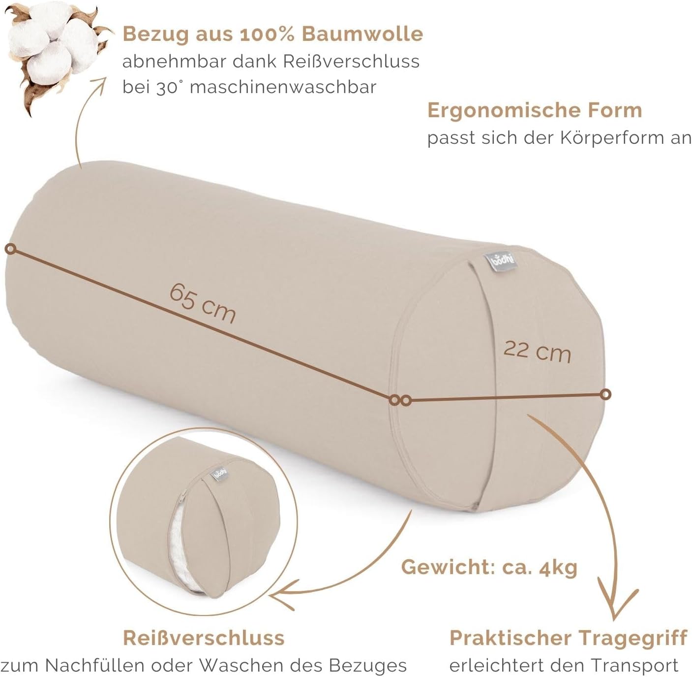 Bodhi Yoga Bolster Rolle Durchmesser 22 cm | Yogarolle mit Bio-Dinkelfüllung | Yogakissen für restauratives und Yin-Yoga | Waschbarer Bezug aus Baumwolle | Pilateskissen mit Tragegurt – Bild 3
