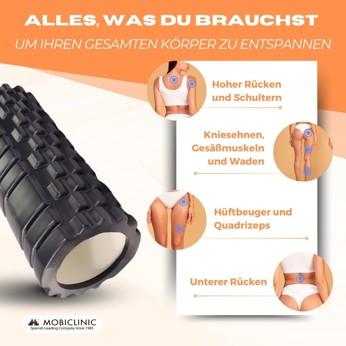 Mobiclinic Fitness, Faszienrolle, Fitroller, Schaumstoff und EVA, 14 x 33 cm, Pilates, Yoga, Dehnübungen, tragbar, multifunktional, europäische Marke, für den gesamten Körper, 3 Intensitätsstufen – Bild 4