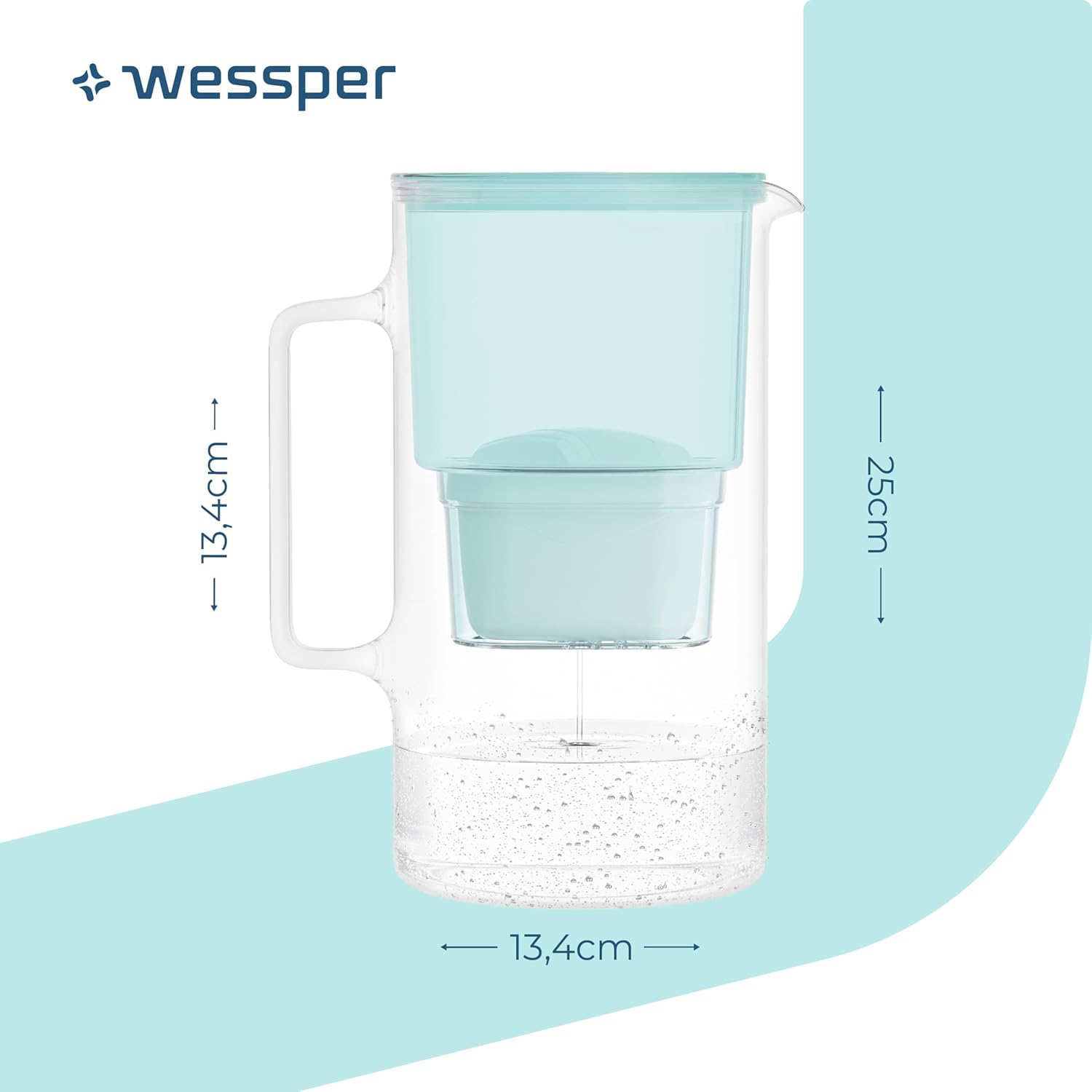 Wessper Wasserfilterkrug Glas 3 L, Set Wasserkrug und 2 Filterkartuschen, kompatibel mit Brita Maxtra, Wasserkaraffe für Trinkwasser mit Ersatzfilter – Mint – Bild 5