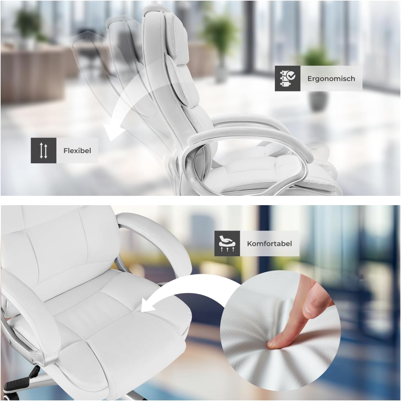 tectake Chefbürostuhl mit 12 cm Polsterung, Schreibtischstuhl mit Armlehnen und Wippfunktion, ergonomischer Bürostuhl höhenverstellbar, PC-Stuhl, Drehstuhl mit Rollen in Lederoptik – Weiß – Bild 8