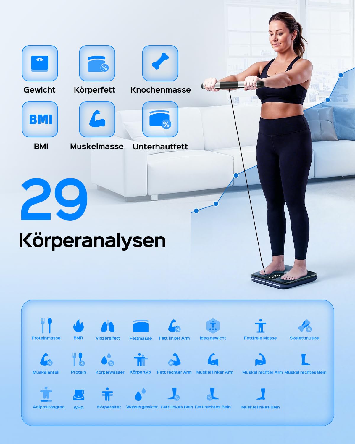 Körperfettwaage mit Handsensoren, digitale Personenwaage mit Körperfettanalyse, intelligente Waage mit 8 Elektroden für Körperfett und Muskelmasse, BMI, und 28 Körpermaßen, 180 kg – Bild 3
