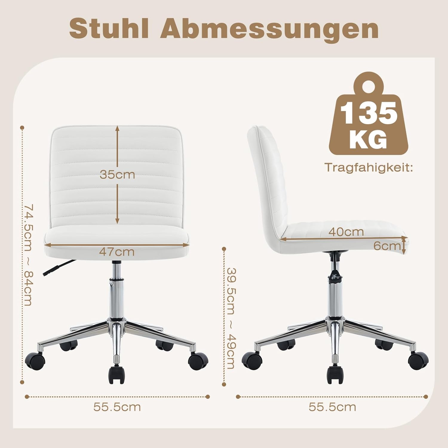 Hellove Bürostuhl, Schreibtischstuhl, ergonomischer PU-Leder-Drehstuhl ohne Armlehnen, höhenverstellbar, Home-Office-Stuhl, 360° drehbar, für Arbeitszimmer, Büro, Wohnzimmer, Schlafzimmer, Weiß – Bild 2