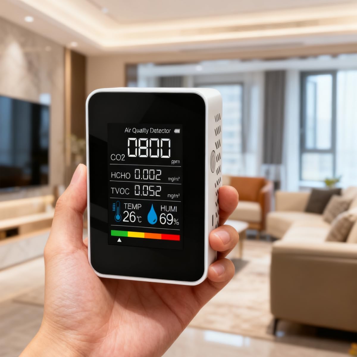 5-in-1-Raumluftqualitätsmonitor Formaldehyd CO2 TVOC Temperatur-Feuchtigkeitsdetektor für Zuhause, Küche, Büro, Auto – Bild 4