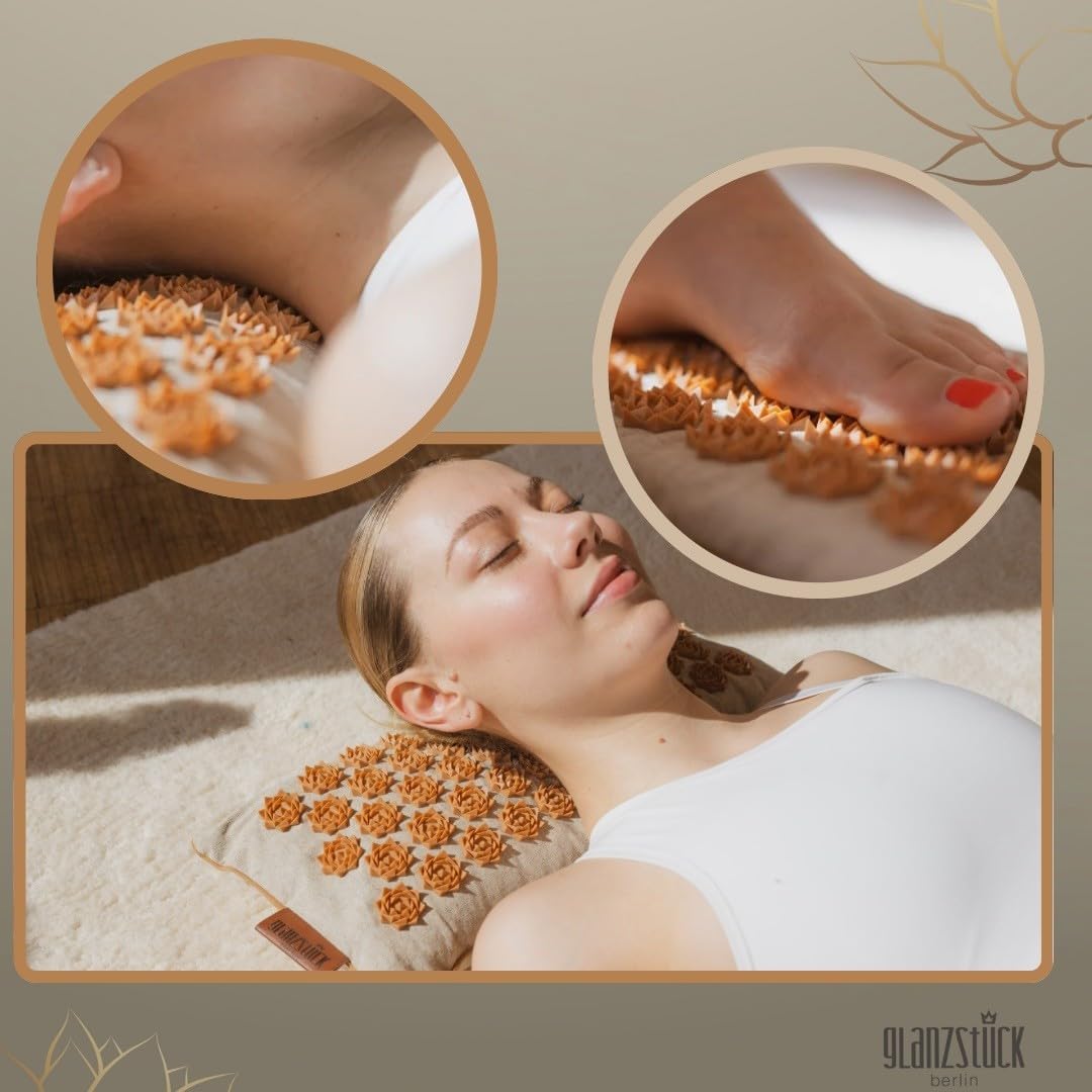 Glanzstück Berlin Health Collection: XL Akupressurmatten-Set Original aus Leinen, hilft bei Verspannungen, Rückenschmerzen, Massagematte mit Kissen (Wärmefunktion) und Tasche, nachhaltig – Bild 3