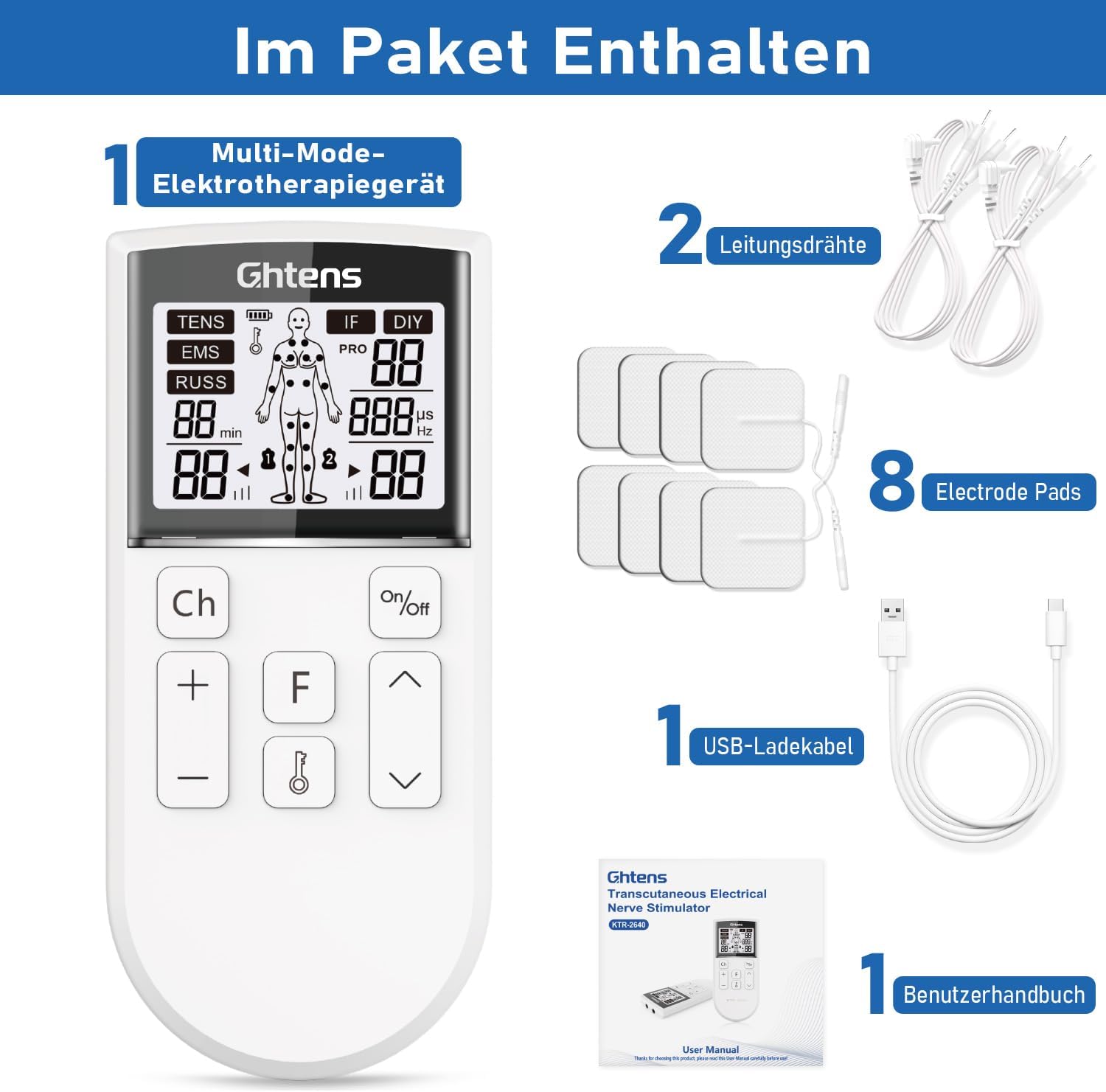 GHTENS TENS-Gerät Schmerztherapie, 5-in-1 Reizstromgerät (TENS/EMS/IF/RUSS/DIY) zur Schmerzlinderung durch elektrische Nervenstimulation, mit 80 Massageprogrammen, 2 Kanälen und 8 Elektrodenpads – Bild 10