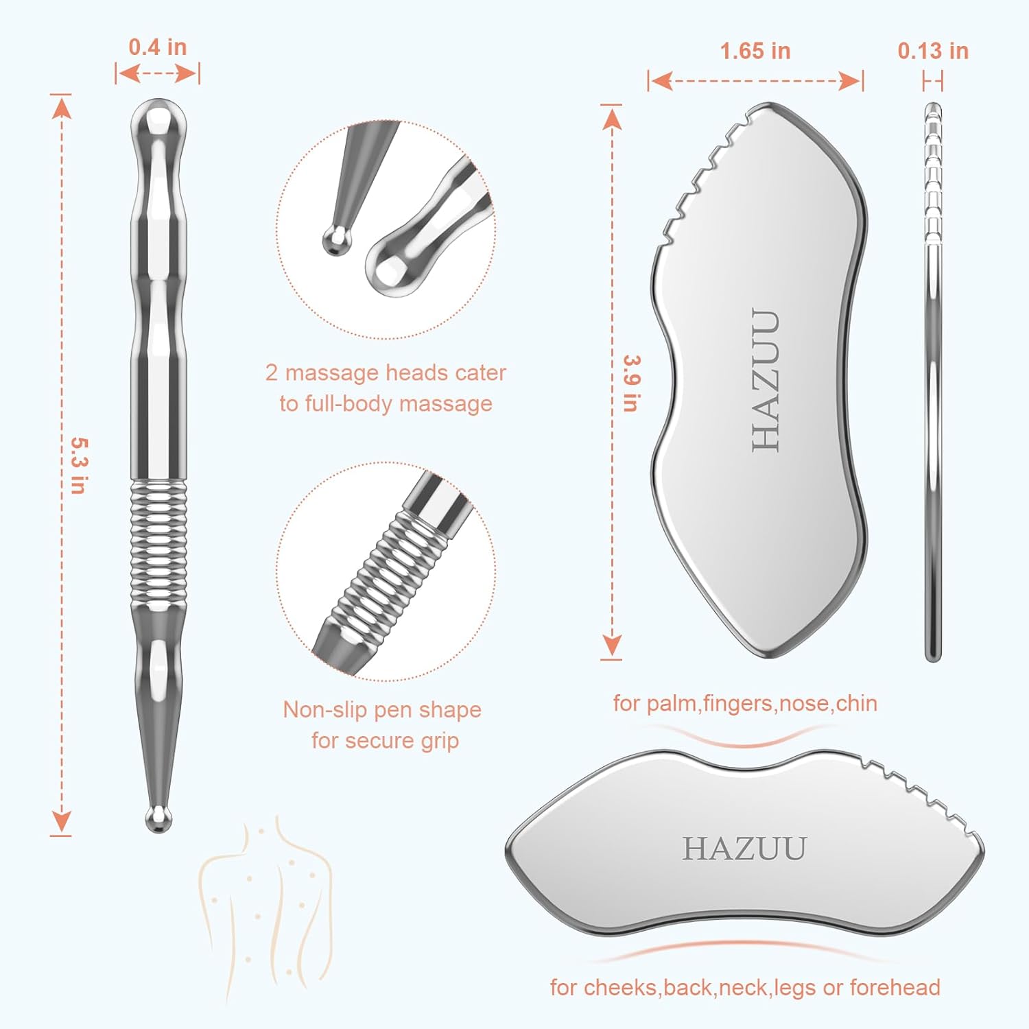 Edelstahl-Gua-Sha-Werkzeug und Akupunkturstift – Tiefengewebsmassage und Schmerzlinderungstherapie mit Triggerpunktmassage – Ganzkörper-Selbstmassage-Akupressur (JGS-3) – Bild 2