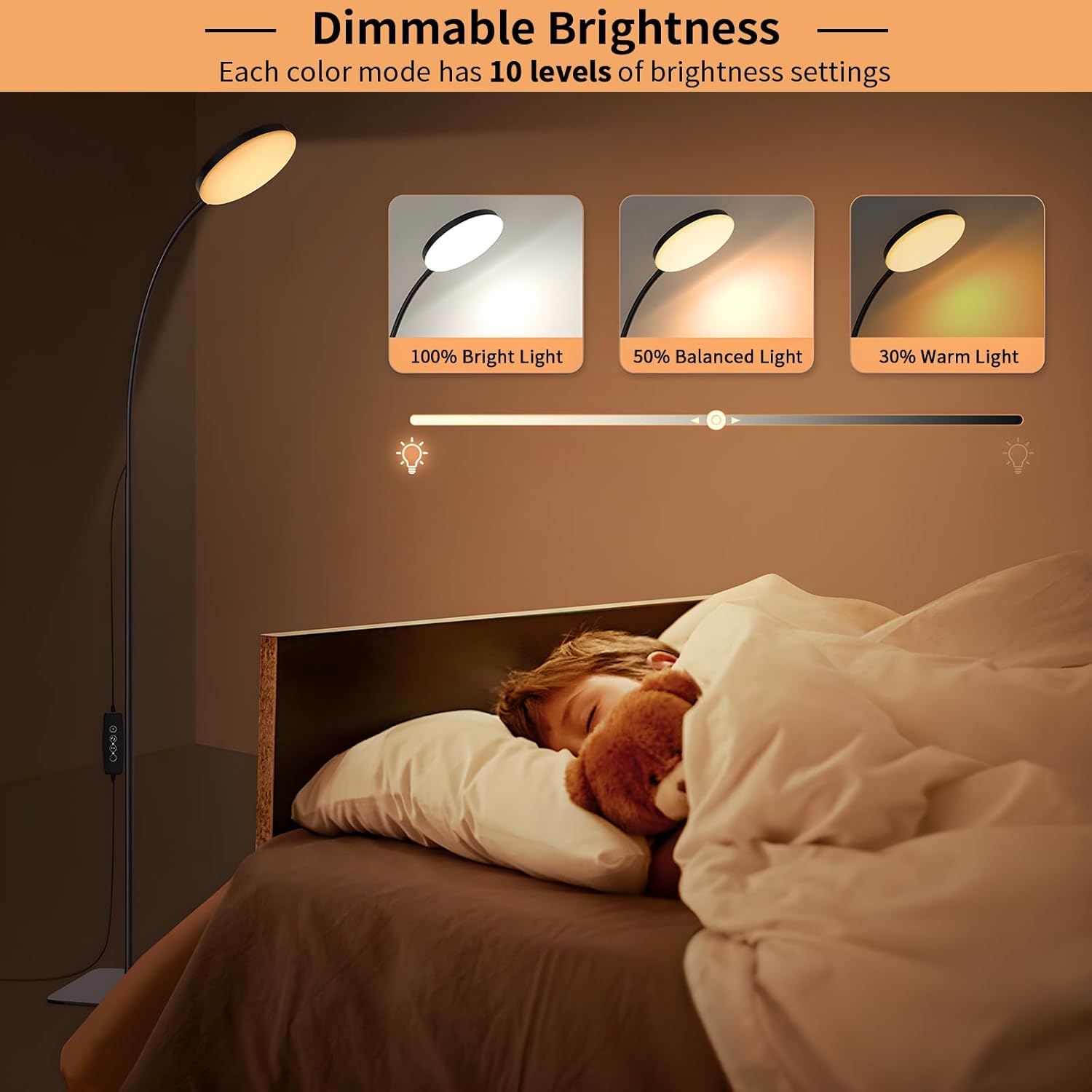 Mojimdo Stehlampe, (3 Farben und 10 Helligkeiten), schlanke LED-Leselampe zum Stehen, dimmbar, verstellbar, flexibel, Stehlampe für Kinderzimmer, Büro, Wohnzimmer, Eck-Nachttischlampe – Bild 4