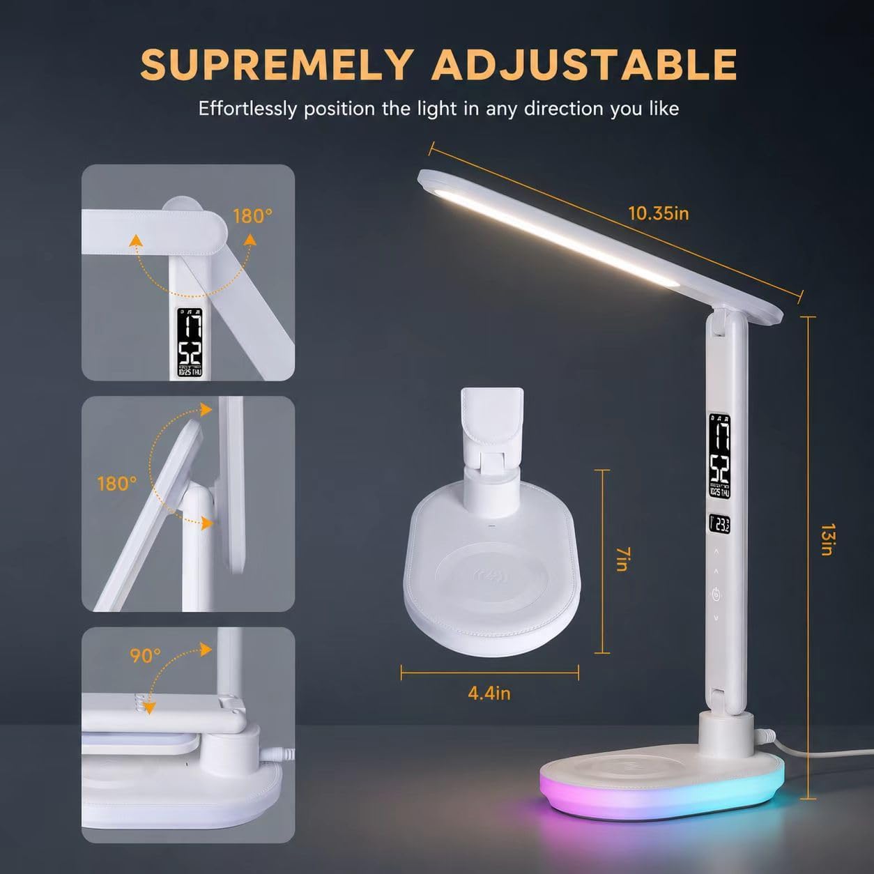 Schreibtischlampe LED dimmbar mit Ladefunktion Uhr, Tischlampe Touch dimmbar mit 3 Farbstufen und 5 Helligkeiten, Lampe mit USB-Anschluss, Uhr, Farbnachtlicht, LCD, Temperatur für Schlafzimmer, Büro (Weiß) – Bild 8